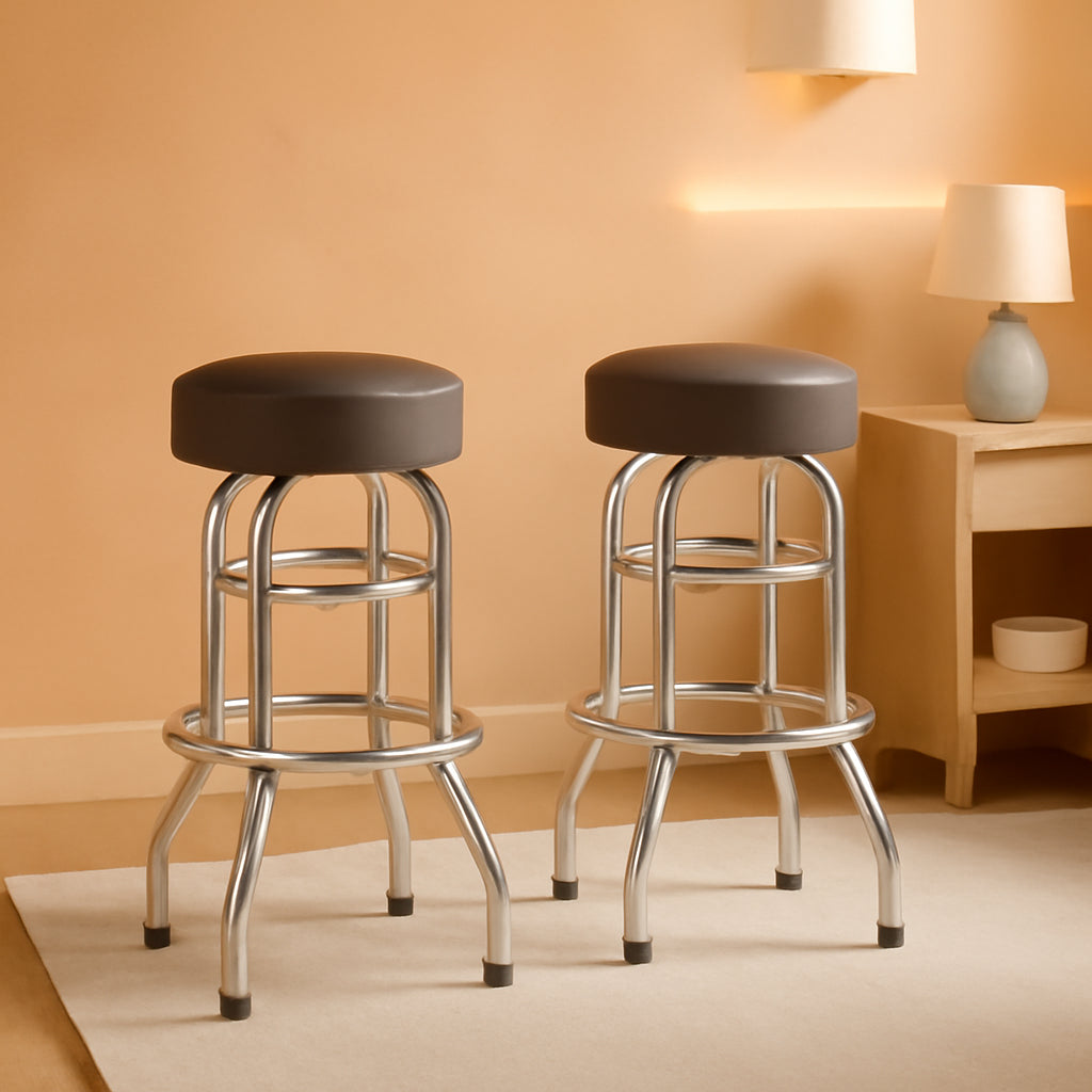 2 Pack Chrome Double Ring Bar Stools with Dark Brown Seats