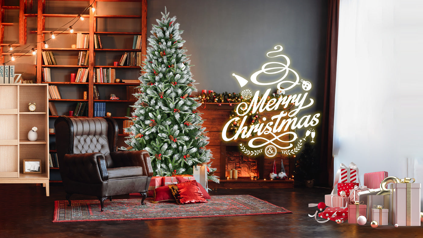 7FT Christmas Tree With 2178 Tips, Red Berries & Pine Cones