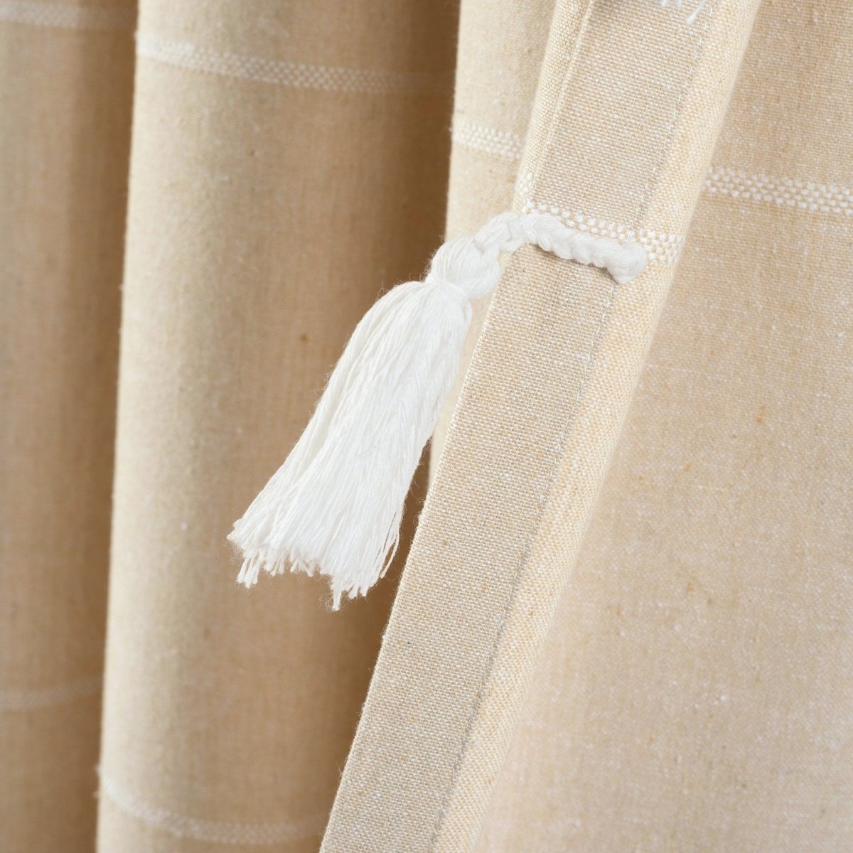 Farmhouse Boho Stripe Woven Tassel Yarn Dyed Recycled Cotton Blend Window Curtain Panel Set