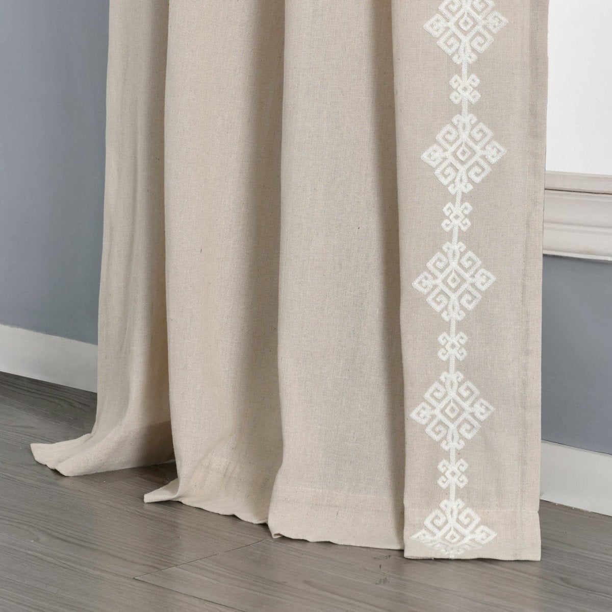 Luxury Modern Geo Linen Like Embroidery Border Window Curtain Panel