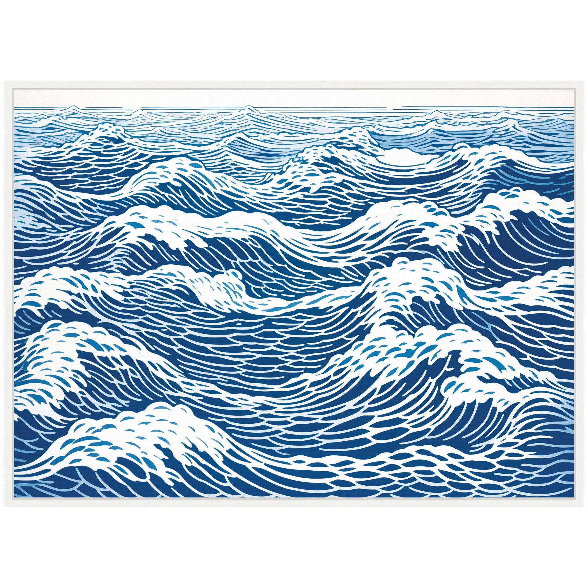 Sylvie Linocut Abstract Waves Blue and White Framed Canvas by The Creative Bunch Studio