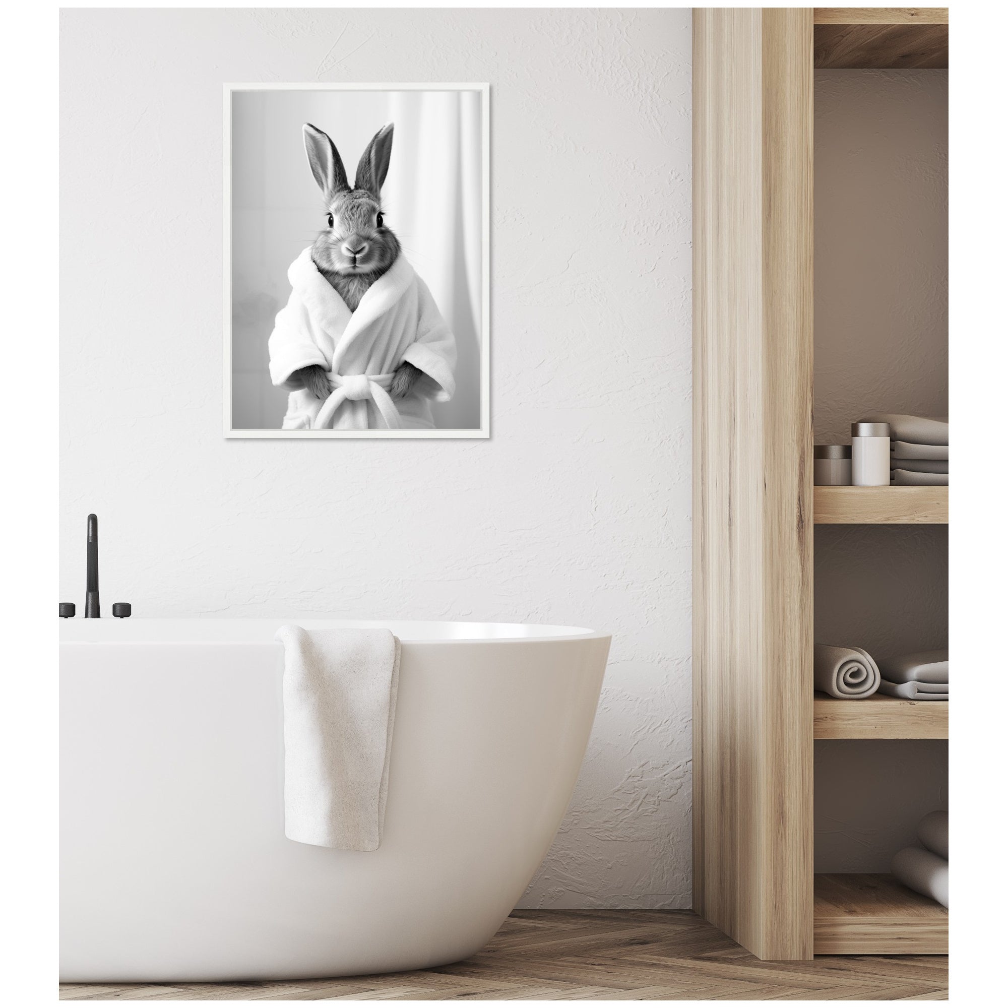 Sylvie Bunny Bathroom Art Towel Robe Black and White Framed Canvas by The Creative Bunch Studio