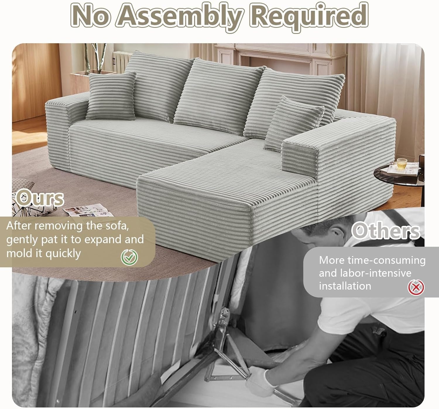 107 Inch Grey Corduroy L Shaped Modular Sleeper Sofa