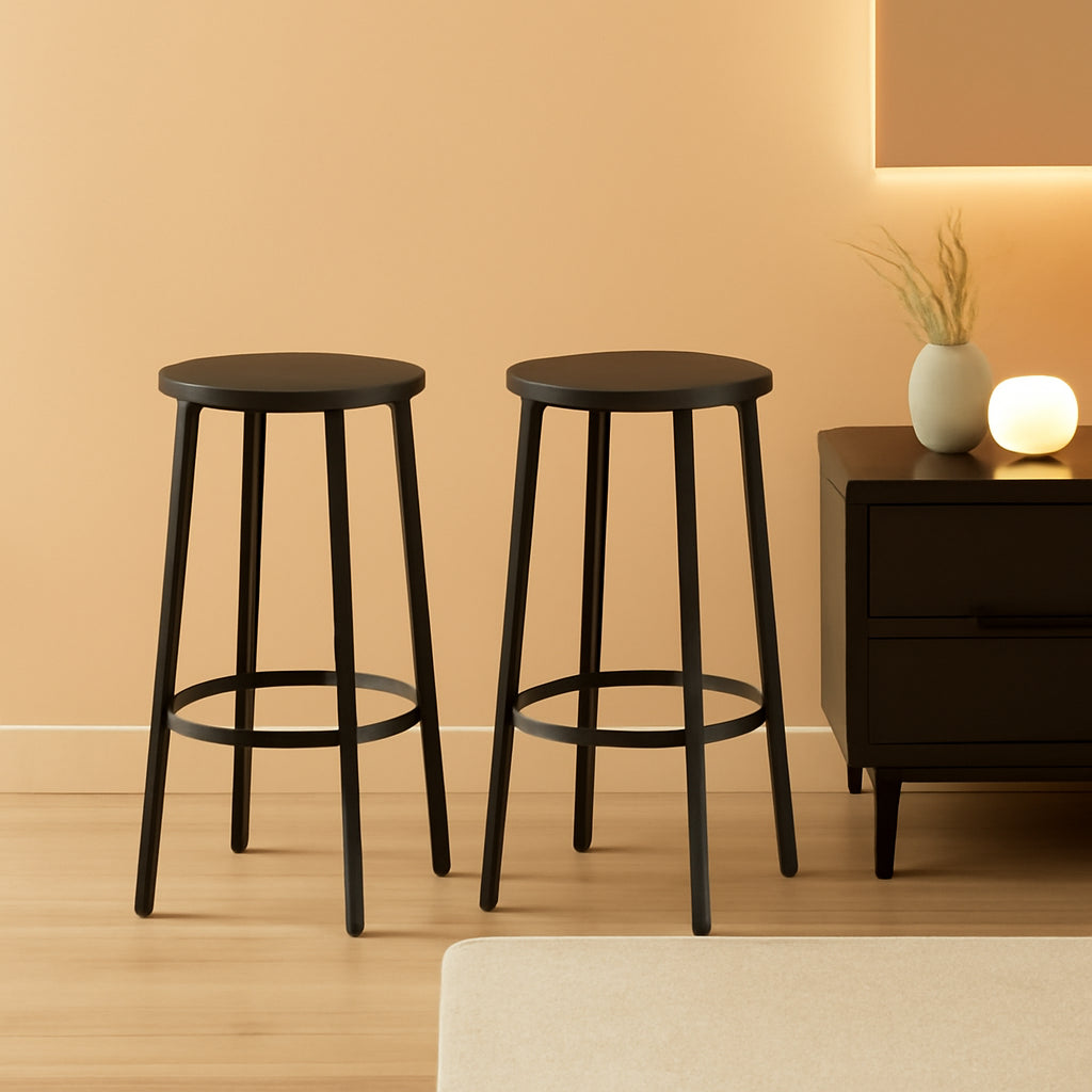 Black Bar Stool Set of 2 Counter Height With Footrest