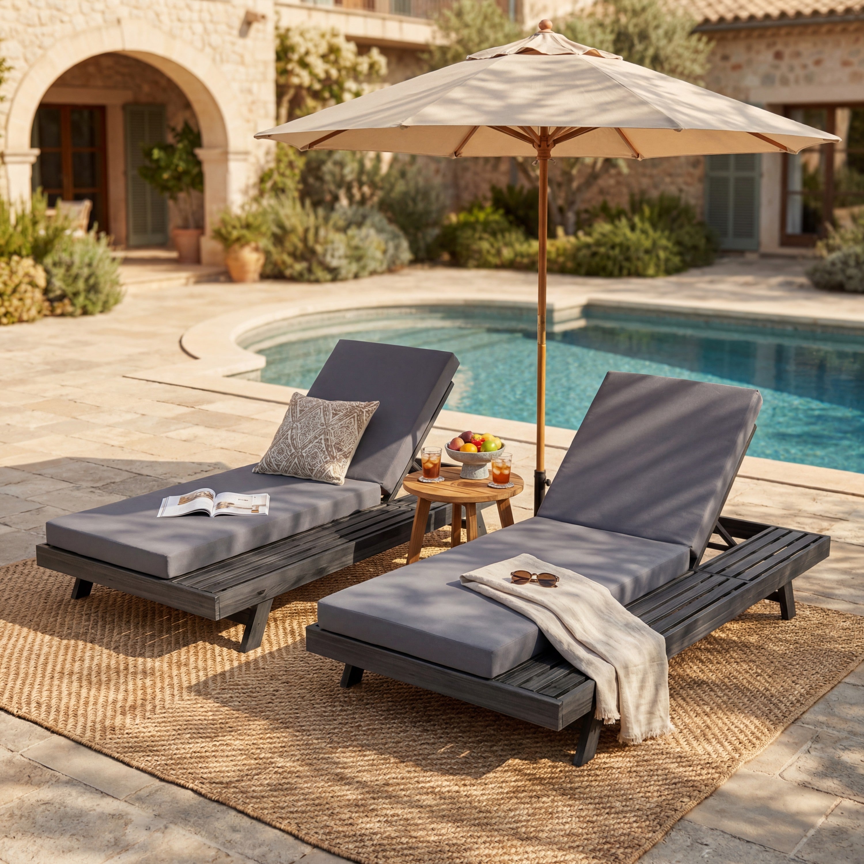 Lounge Chaise Set in Black Acacia Wood with Water-Resistant Cushions