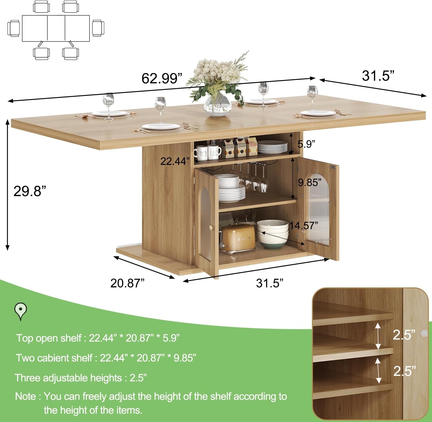 63 Inch Light Oak Farmhouse Dining Table For Four To Six