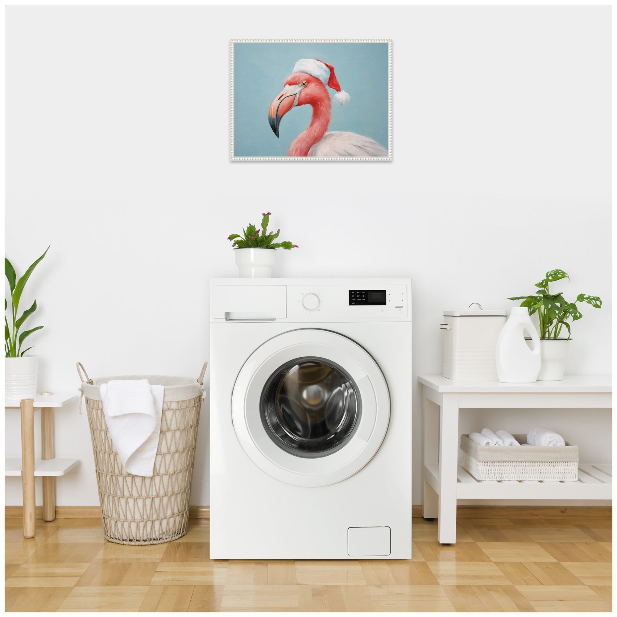 Sylvie Beaded Flamingo Santa Hat Portrait Framed Canvas by The Creative Bunch Studio