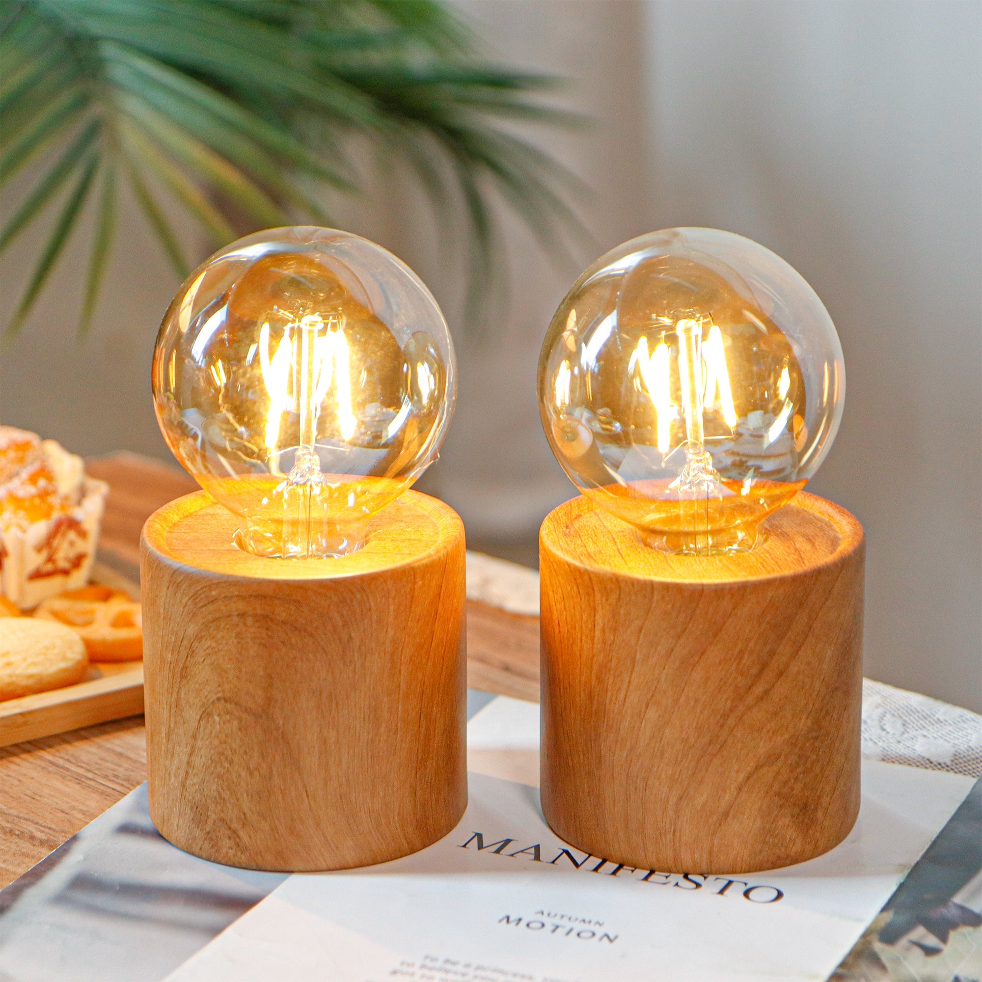 JHY DESIGN Set of 4 Wood Grain Table Lamp 6.5" Tall Cordless Lamp Light with Edison Style Bulb and 6 Hours Timer Battery Operated Lamp Great for Living Room Weddings Parties Patio Indoors Outdoors-1