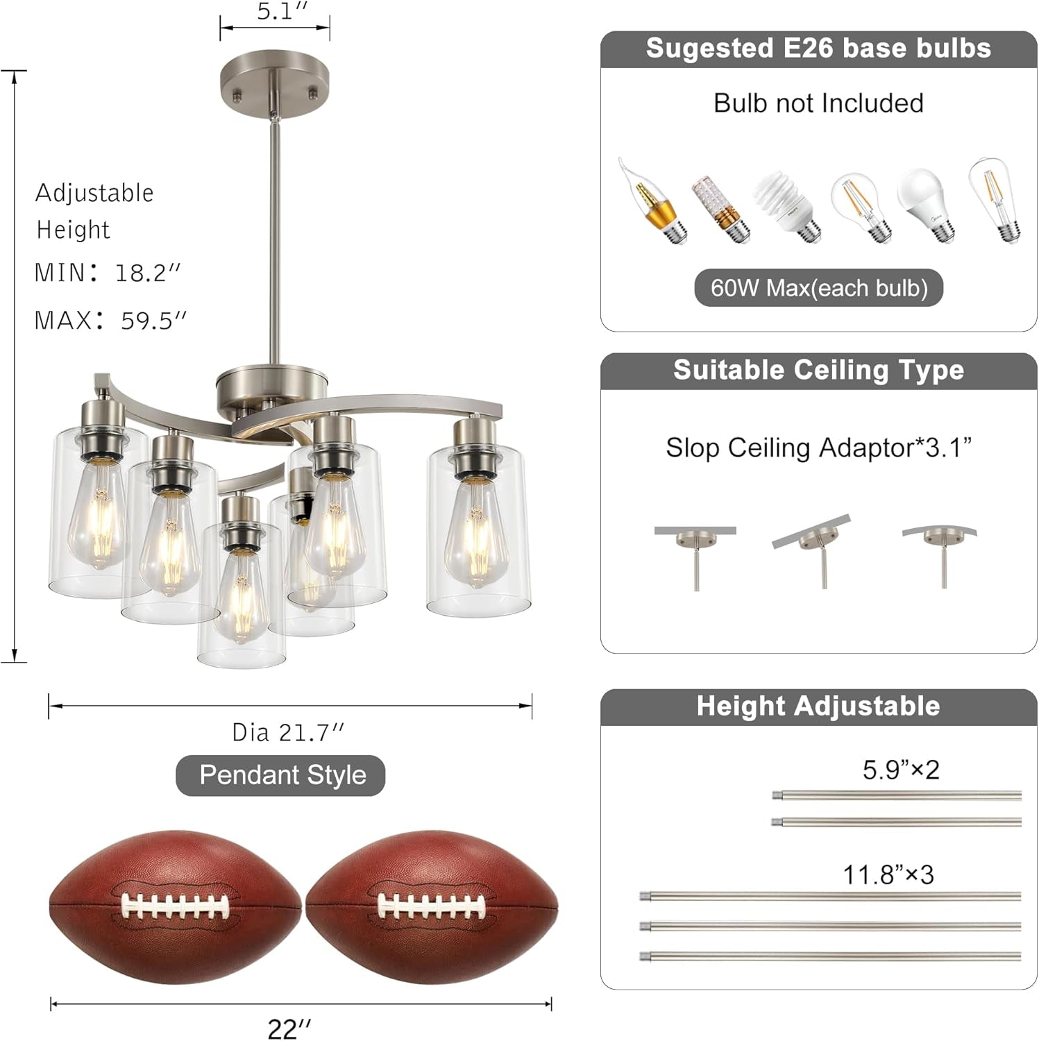 Brushed Nickel Farmhouse Chandelier 6 Light Pendant-2