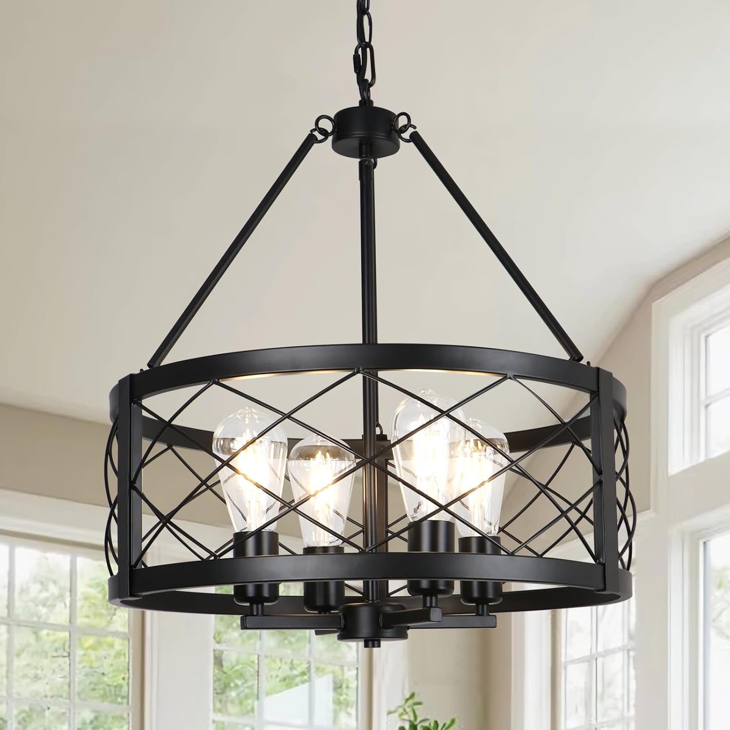 Black Industrial Chandelier Four Light Drum Fixture-0