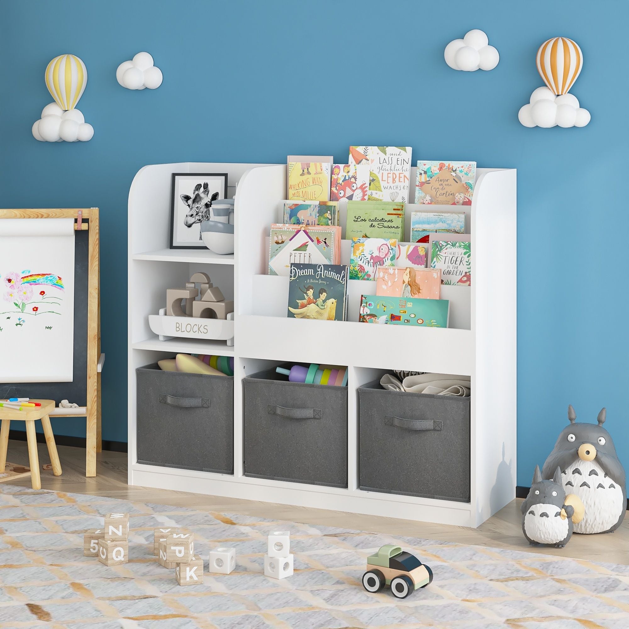 Bookcase And Bookshelf With 3 Collapsible Drawers, Multifunctional Display Stand