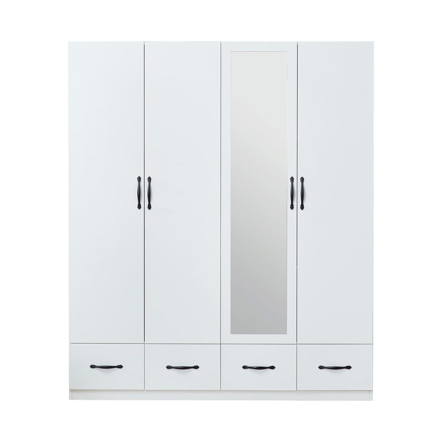 White Mirror Wardrobe Closet – 4-Door Wooden Freestanding Armoire with Shelves & Hanging Rod - PRHOMZ