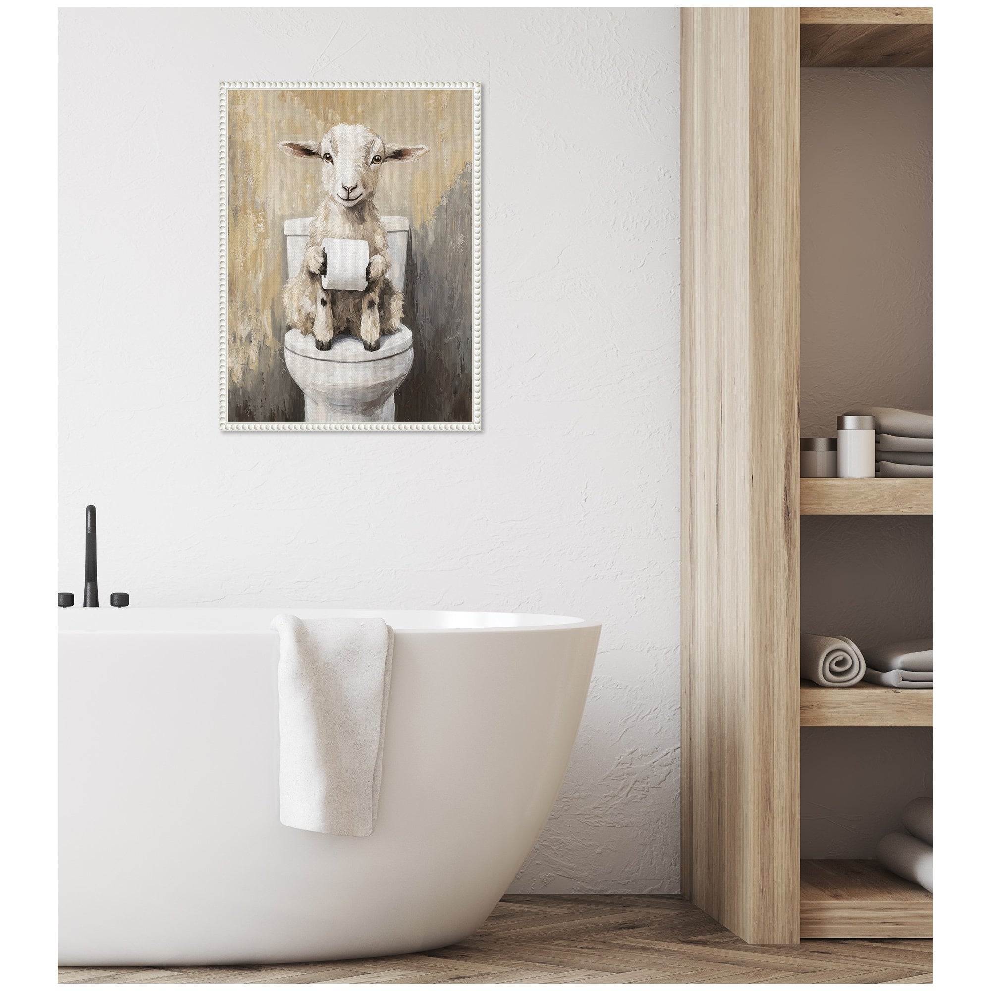 Sylvie Goat Holding Toilet Paper Roll Toilet Bathroom Art Framed Canvas by The Creative Bunch Studio