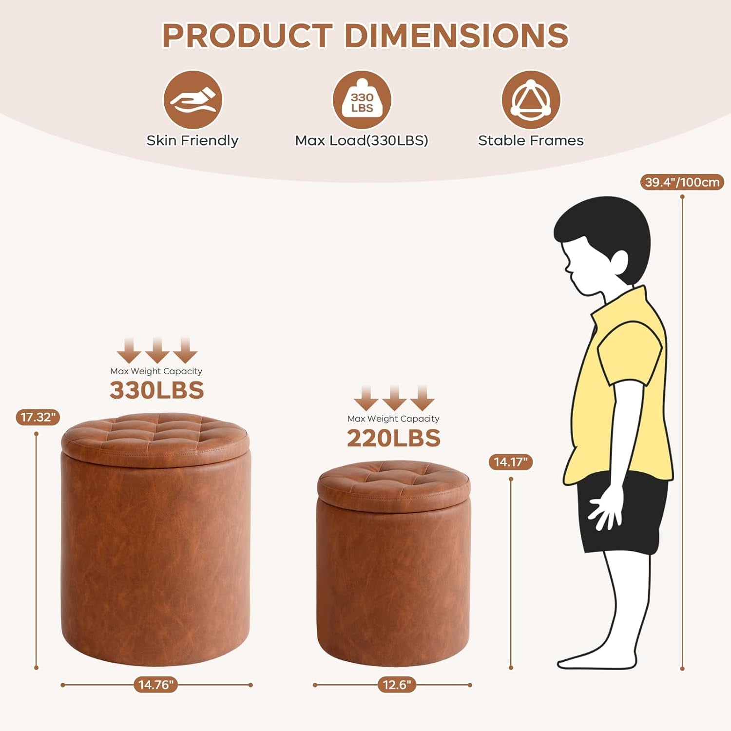 Dark Brown Faux Leather Round Storage Ottoman