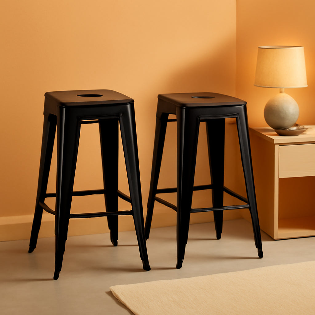 24 Inch Black Metal Bar Stools Set of 2 Backless Indoor Outdoor Square Seat Counter Height