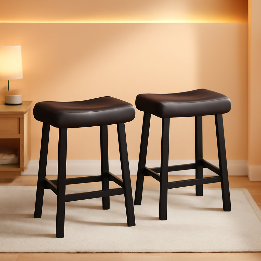 24 Inch Backless Saddle Bar Stools Two Pack, Counter Height Upholstered Padded Seats With Curved Surface, Brown