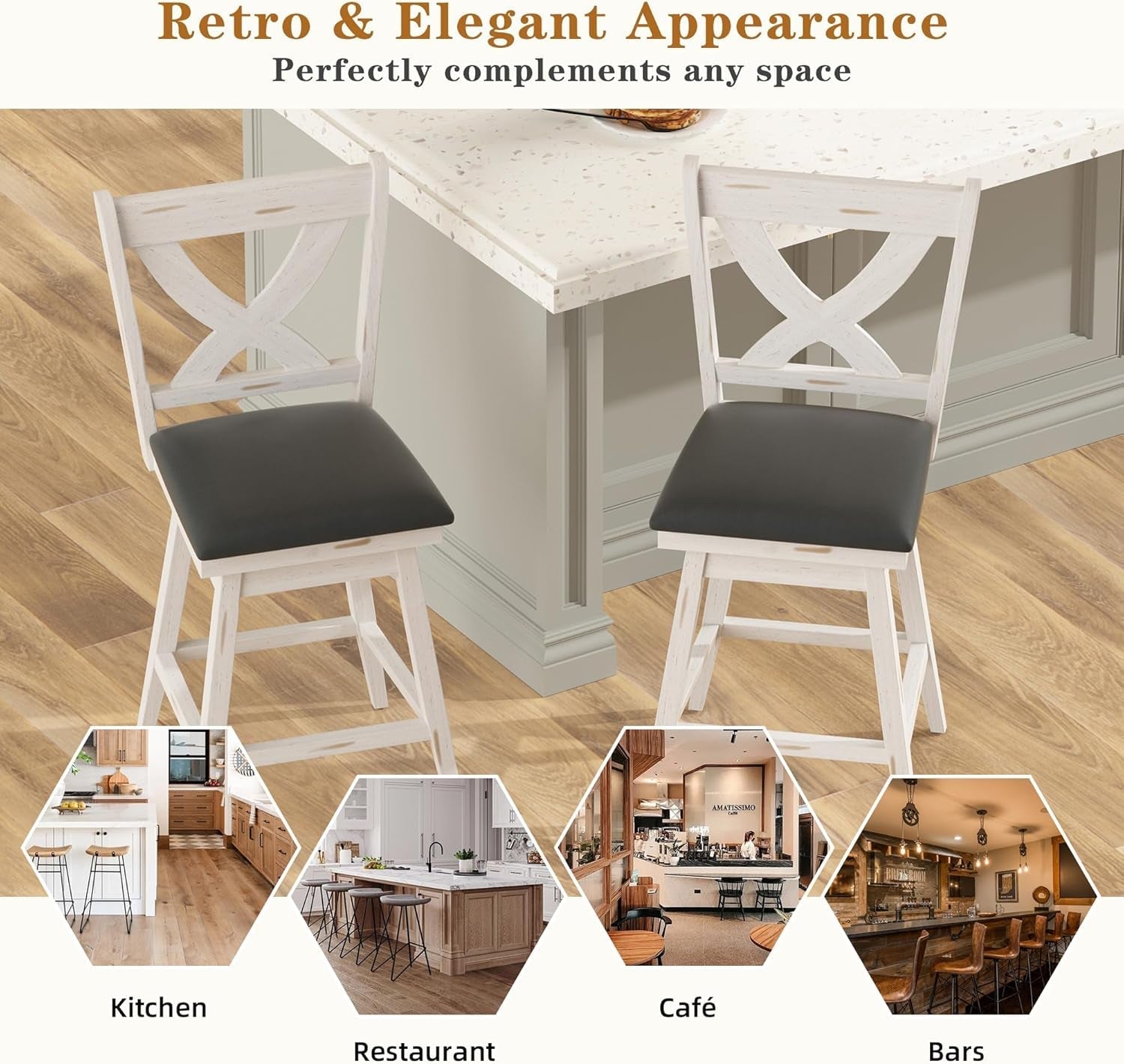 24 Inch Counter Height Bar Stools With 360 Degree Swivel And Grey Faux Leather Seat