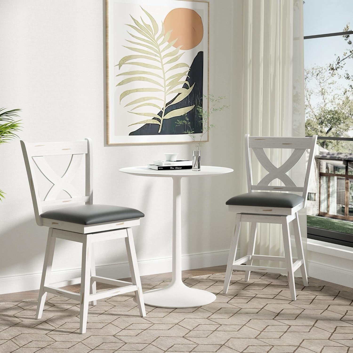 24 Inch Counter Height Bar Stools With 360 Degree Swivel And Grey Faux Leather Seat