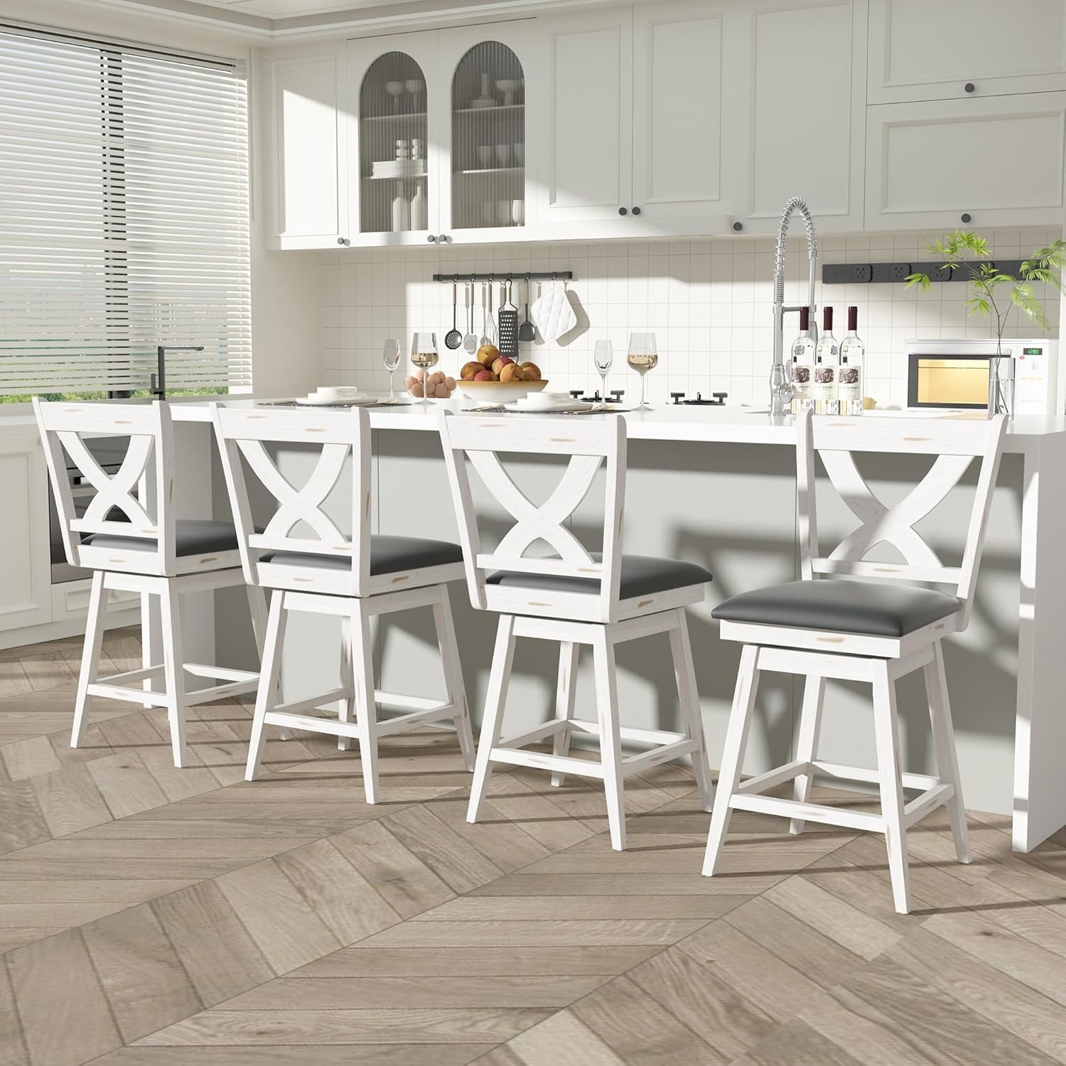 24 Inch Counter Height Bar Stools With 360 Degree Swivel And Grey Faux Leather Seat
