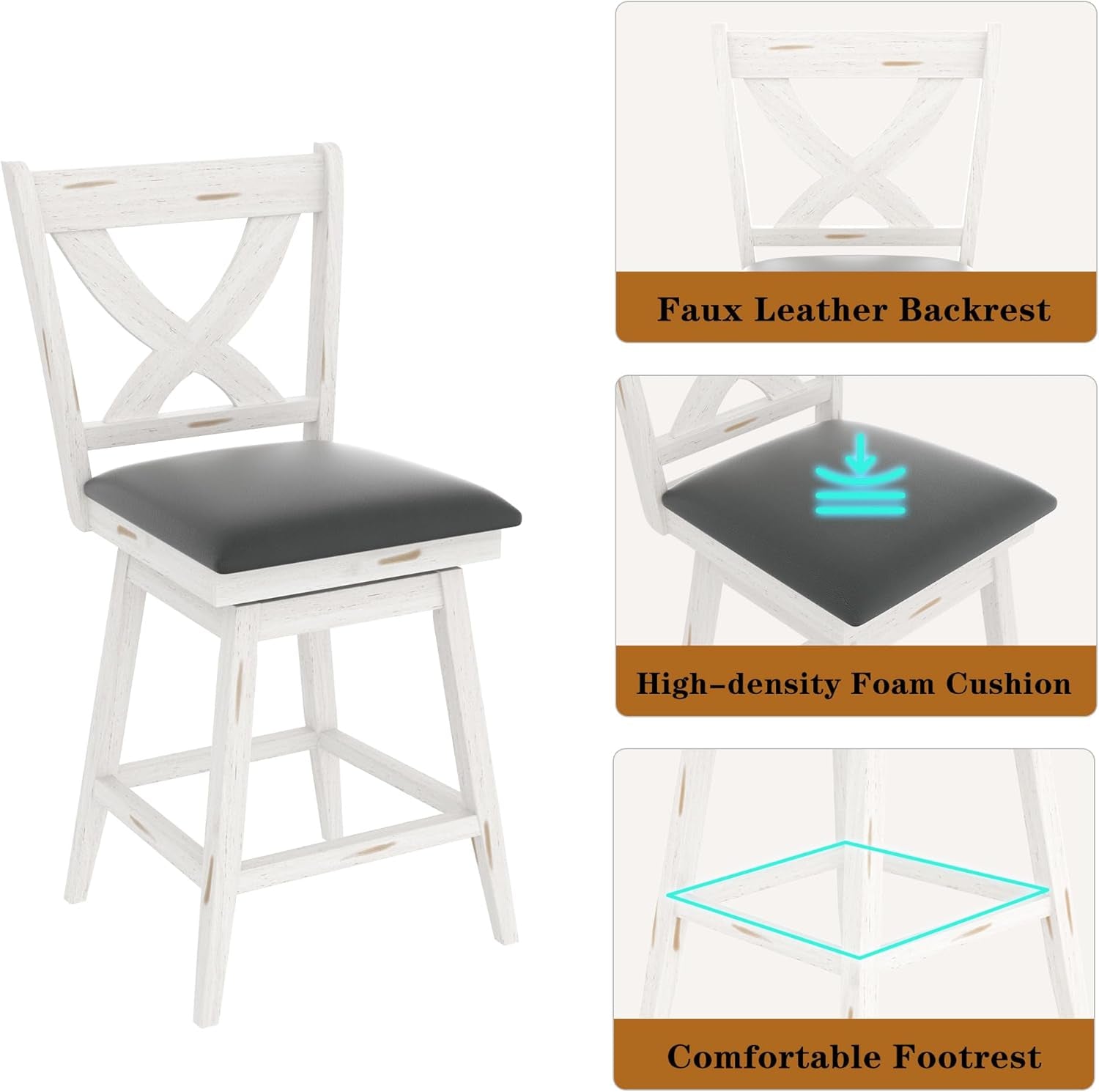 24 Inch Counter Height Bar Stools With 360 Degree Swivel And Grey Faux Leather Seat