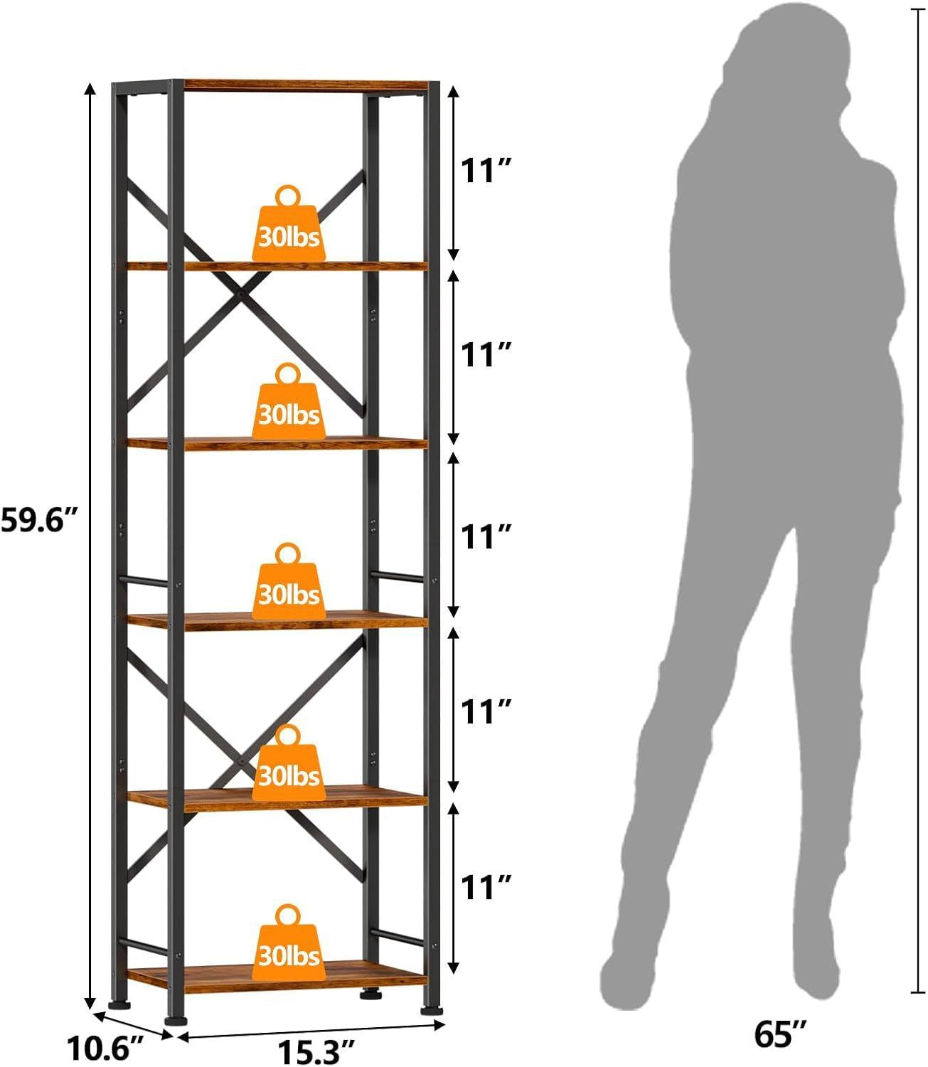 Tall Industrial Bookcase 6 Tier Rustic Brown Storage