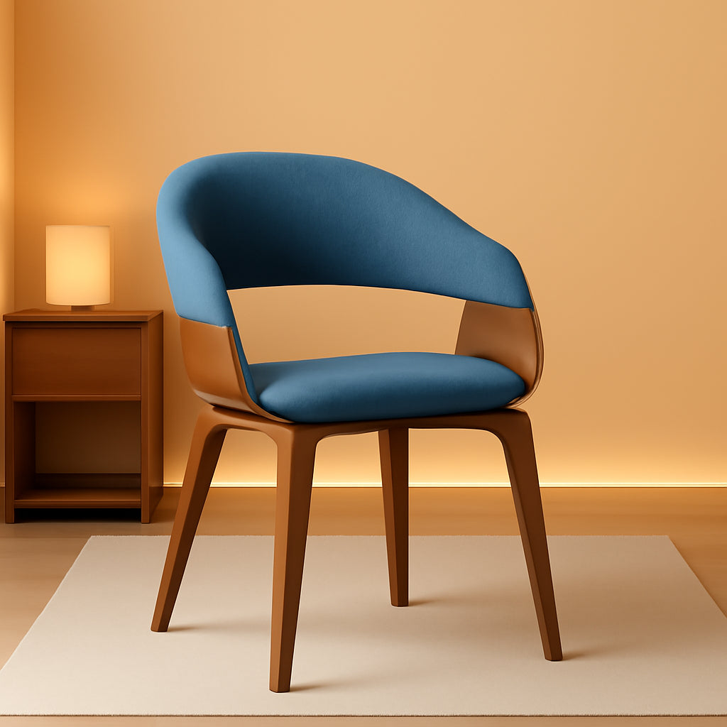 Blue Linen Bentwood Mid-Century Modern Dining Chair-0