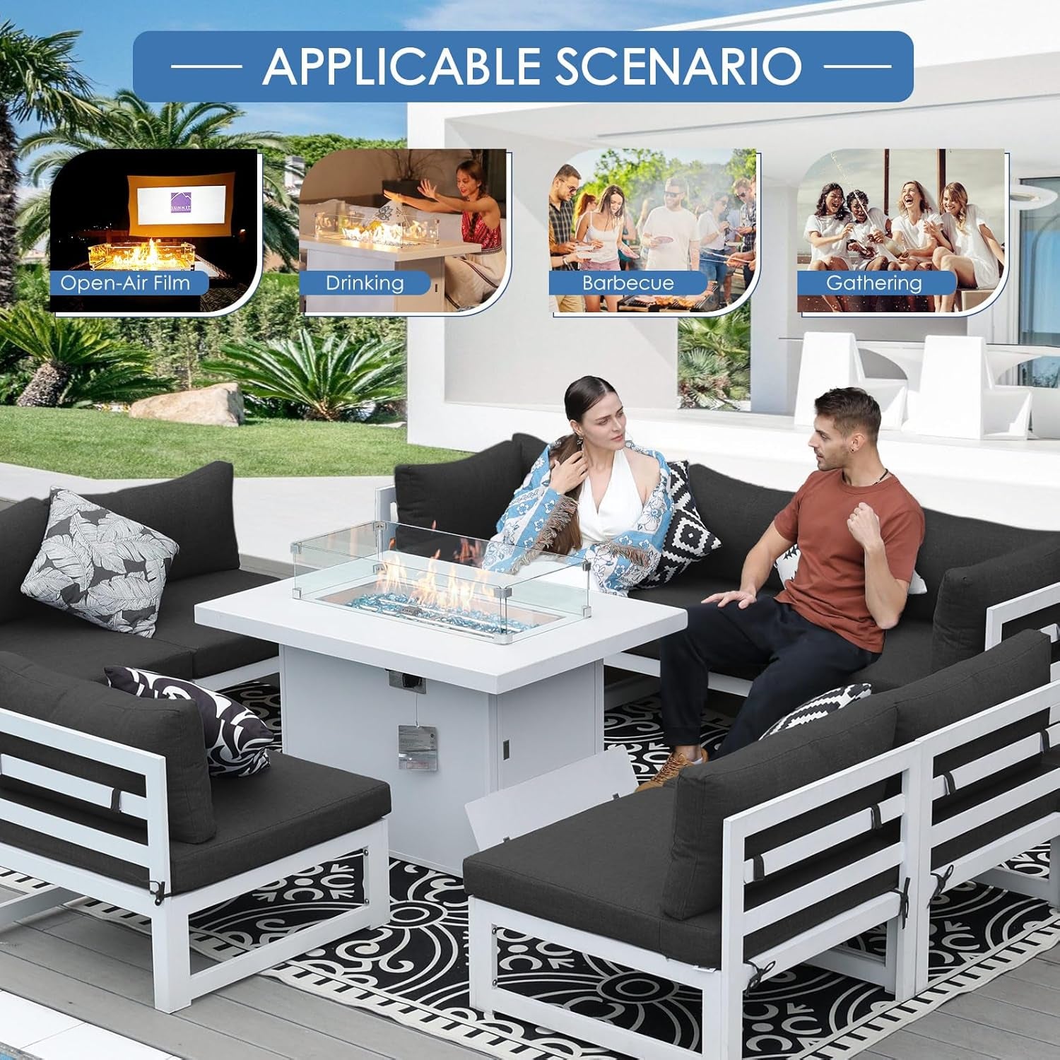 White Aluminum Outdoor Patio Furniture Set With Fire Pit