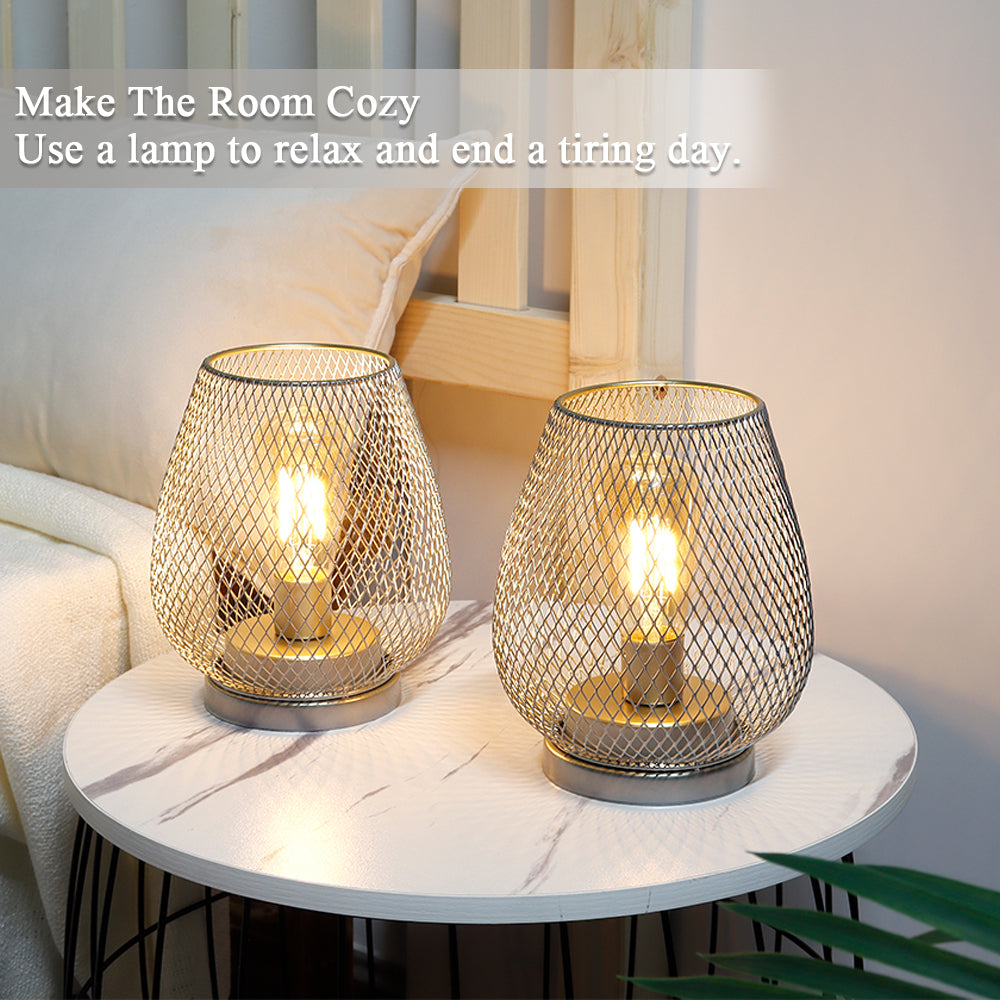6.7"H Set of 2 Metal Cage LED Lantern (Silver)-4