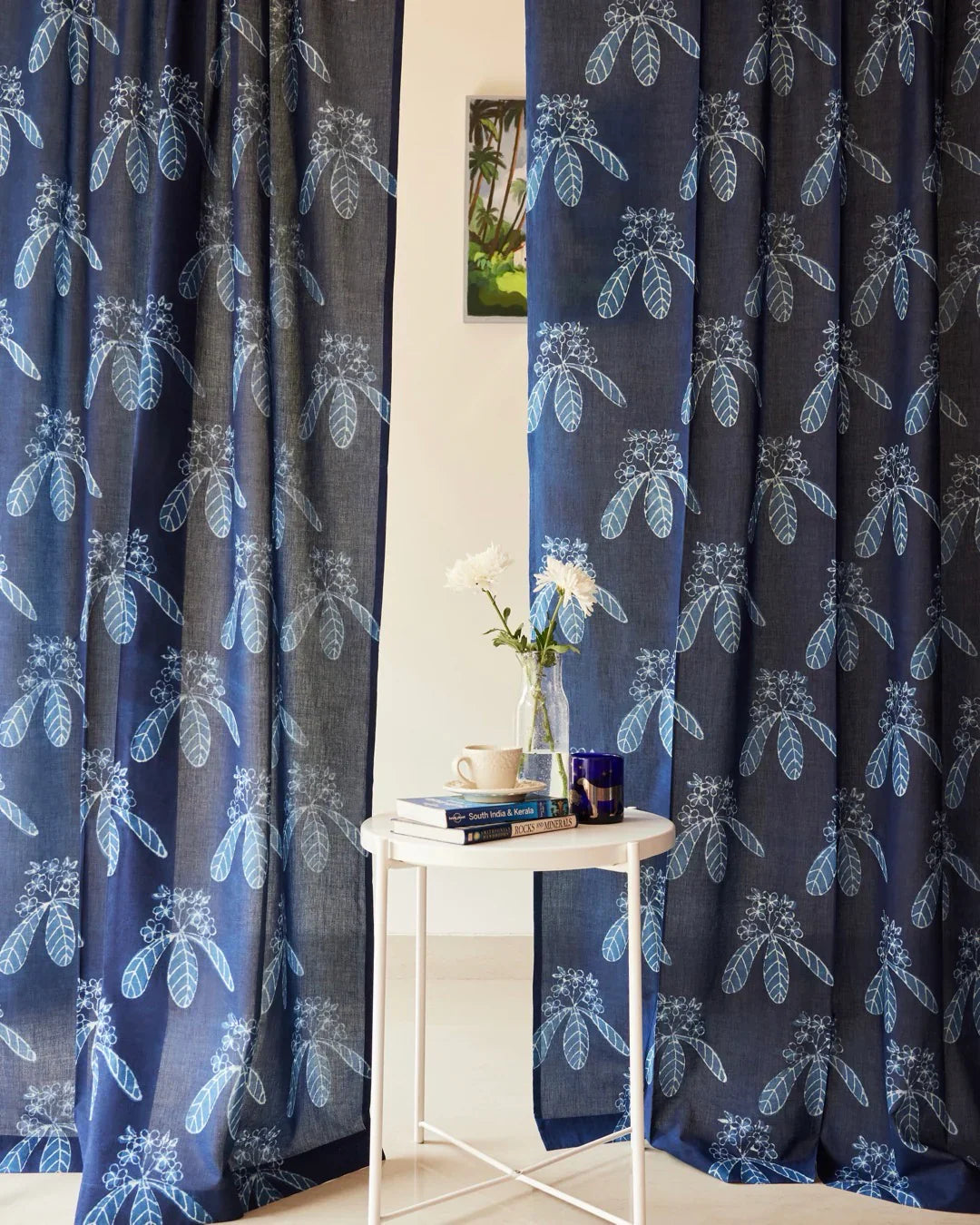 Indigo Blue Hand Block Printed Linen Curtains | Champa Flower Design-1