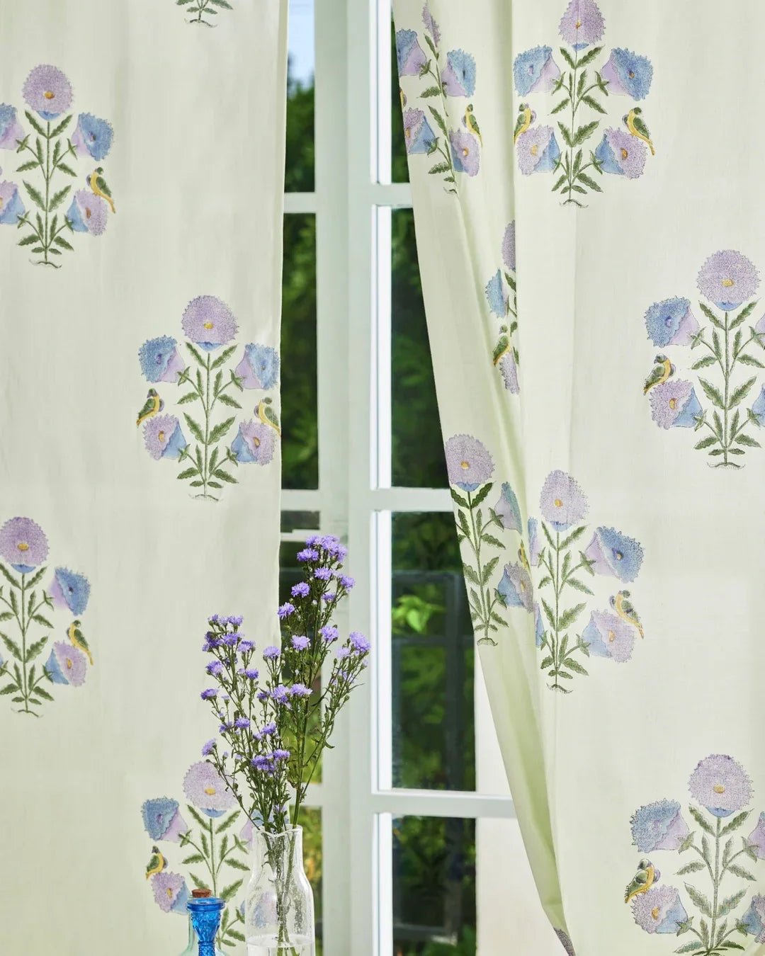 White & Purple Hand Block Printed Linen Curtains | Floral & Bird Design-0