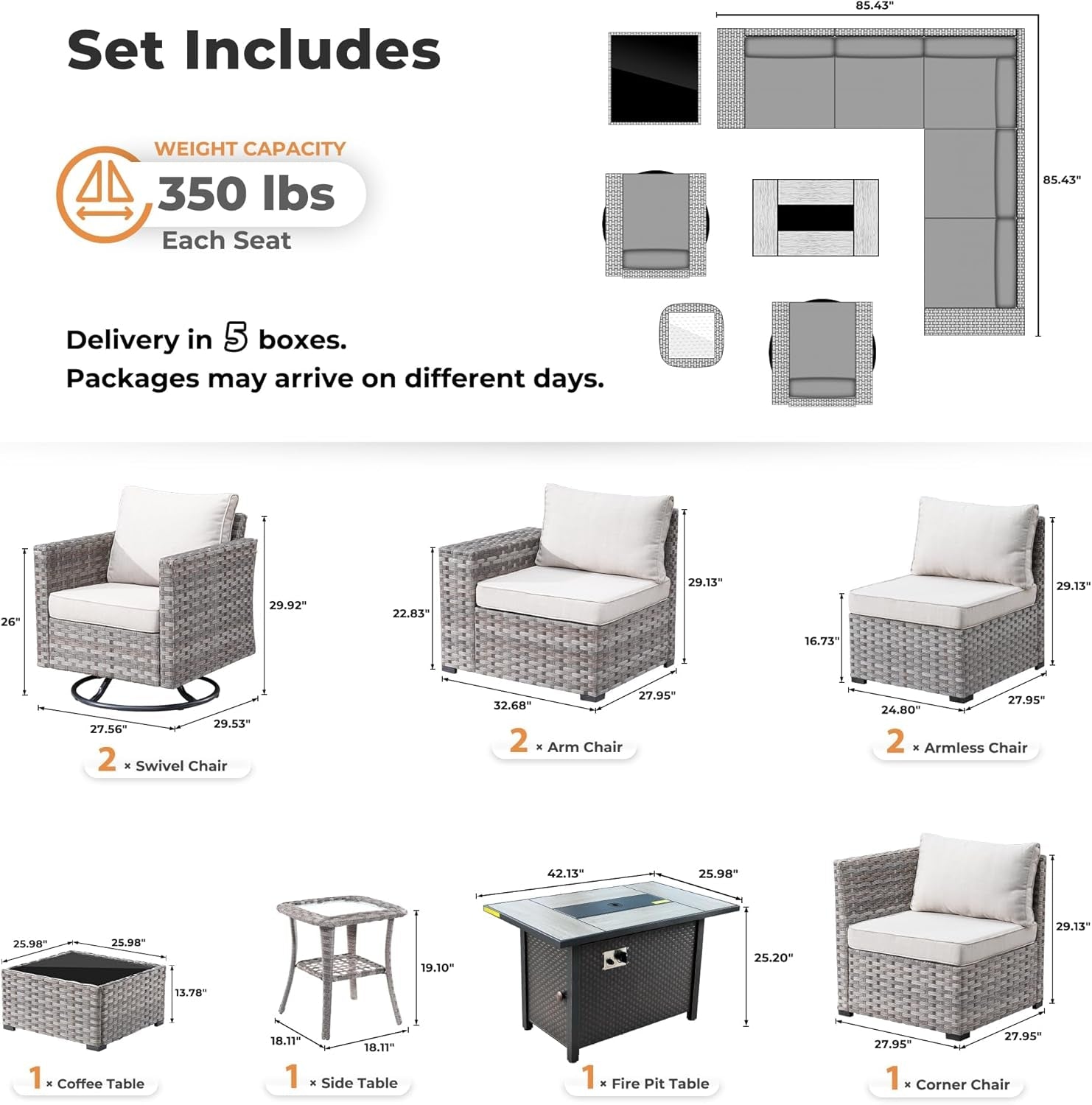 10 Piece Outdoor Wicker Sectional Sofa Set with Fire Pit