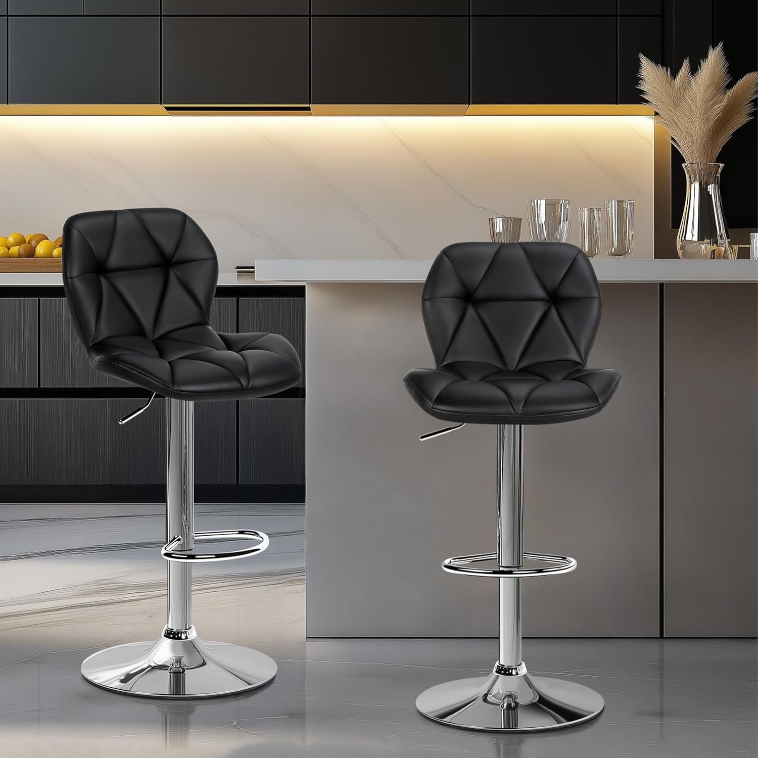 Set Of 2 Modern Adjustable Black PU Leather Bar Stools