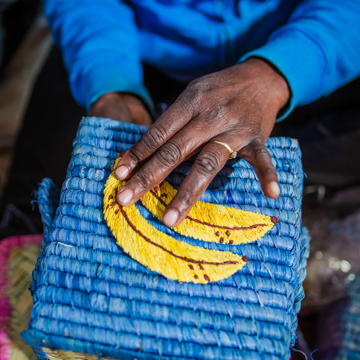 Small Square Raffia Basket - Blue - Banana Please note: this piece ships within 2 weeks.