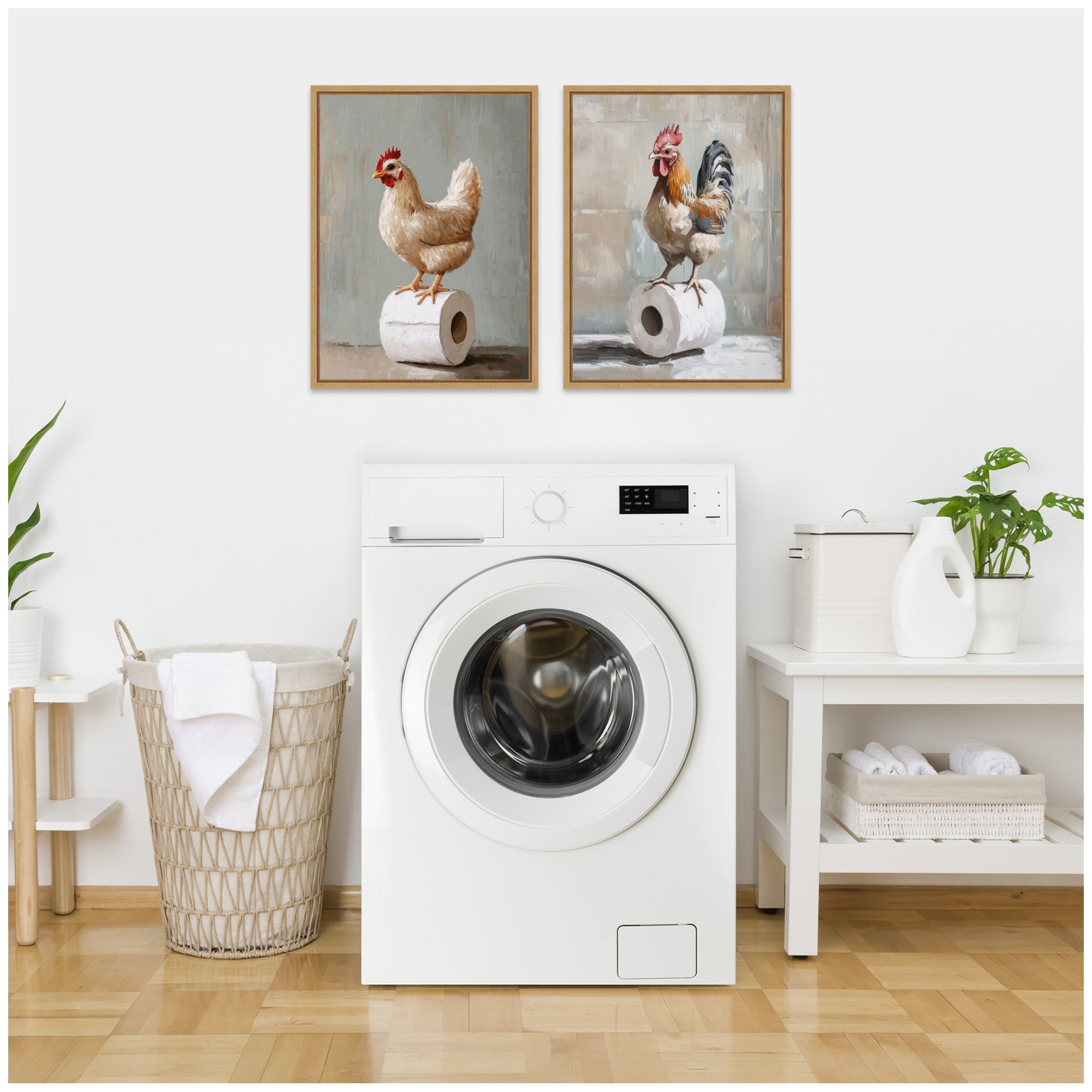 Sylvie Chicken and Rooster Bathroom Art Framed Canvas Art Set by The Creative Bunch Studio