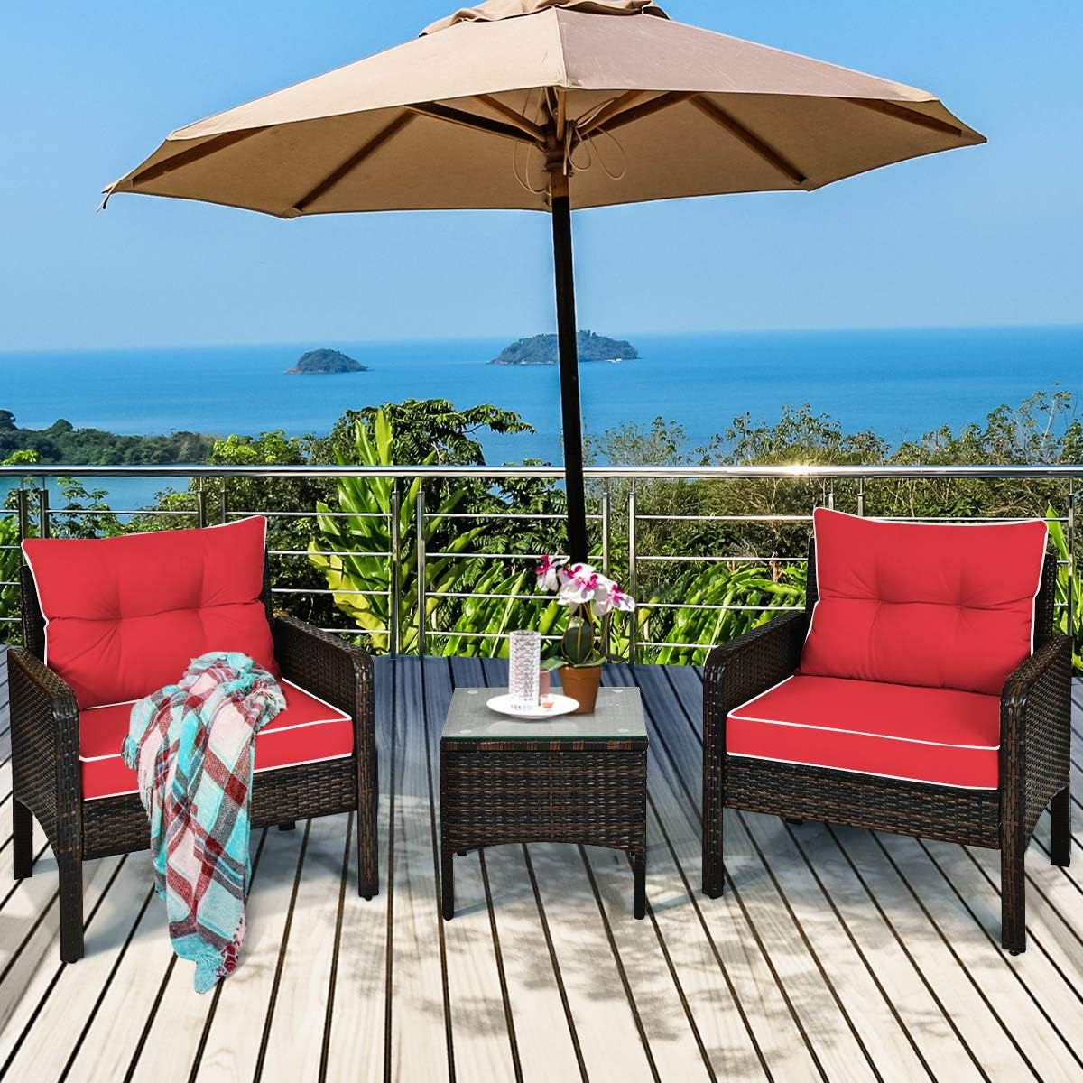 Red 3 Piece Outdoor Patio Furniture Set With Wicker Chairs And Glass Top Coffee Table