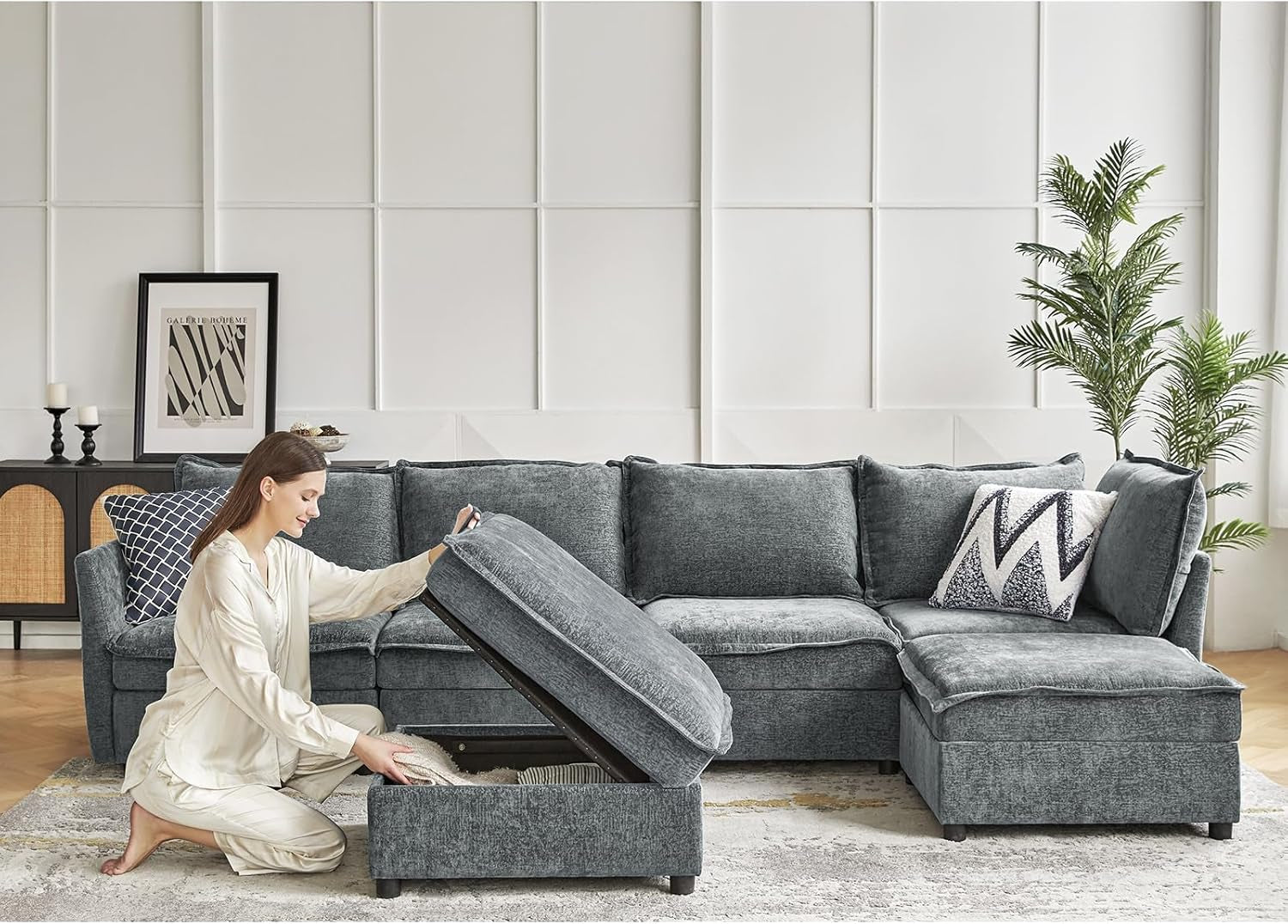 127 Inch Grey Modular Sectional Sofa With Storage Ottoman