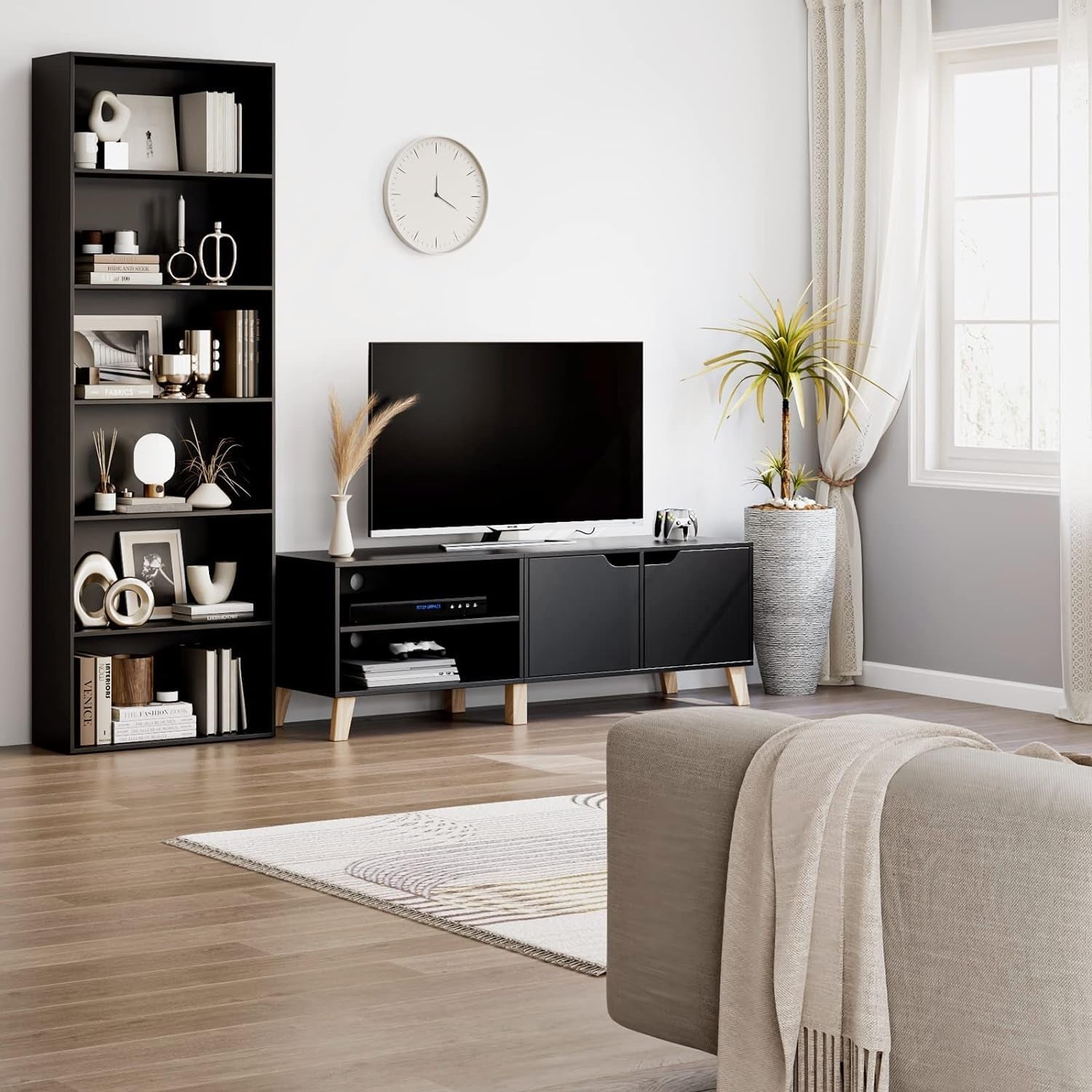 Six Tier Open Bookcase Tall Freestanding Shelving Black