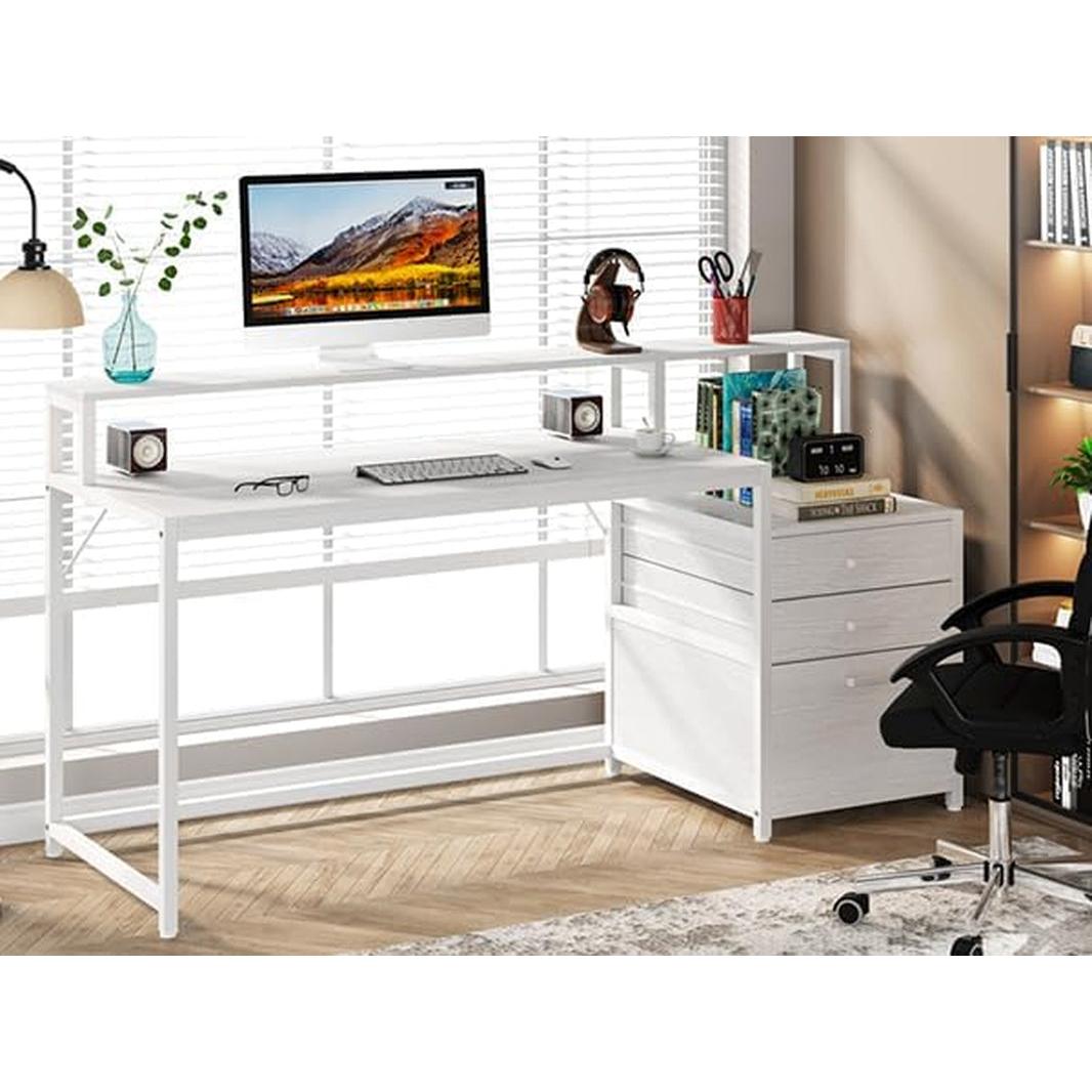 White Computer Desk With File Cabinet And Monitor Stand