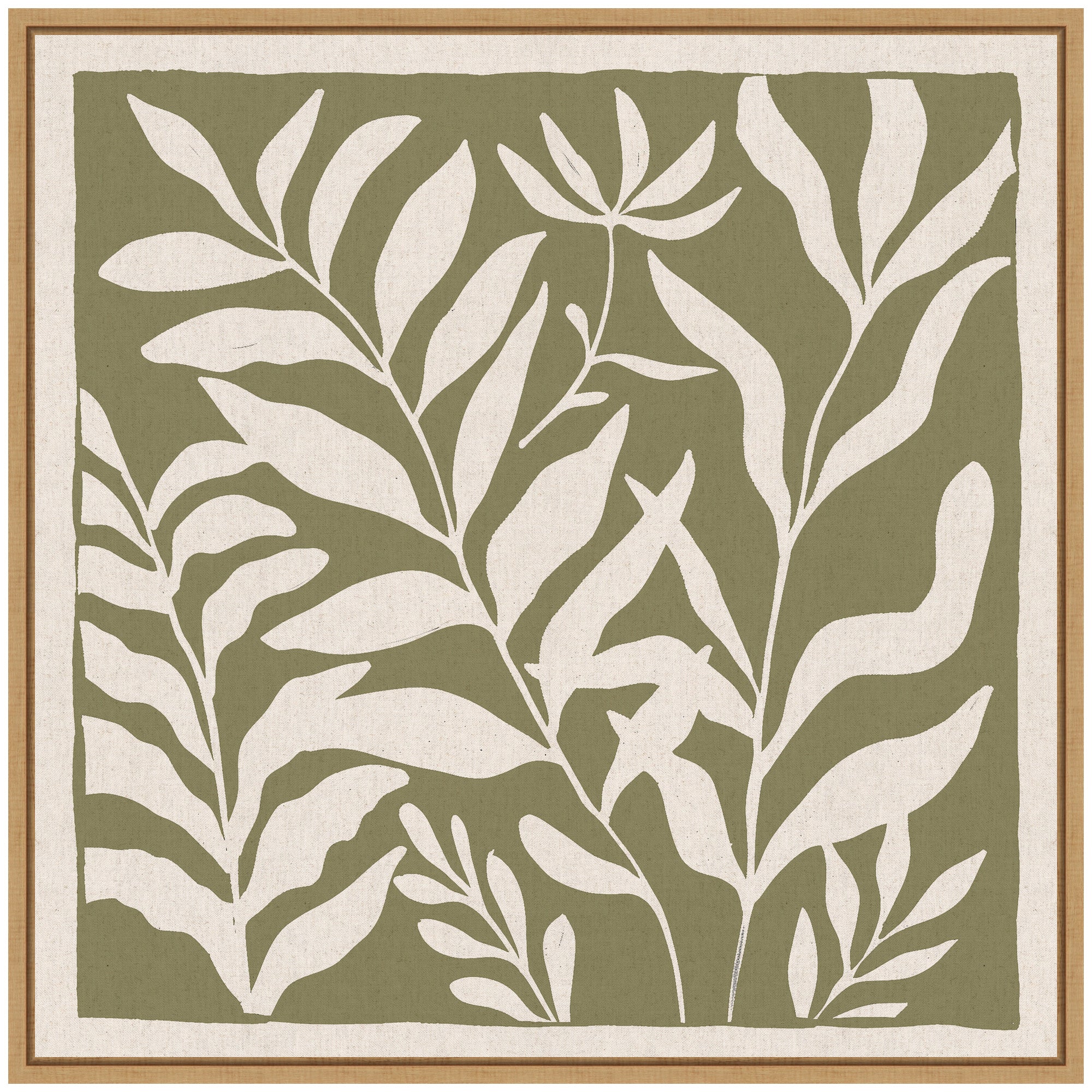 Sylvie Modern Minimalist Botanical Green and Neutral Linen Framed Canvas by The Creative Bunch Studio