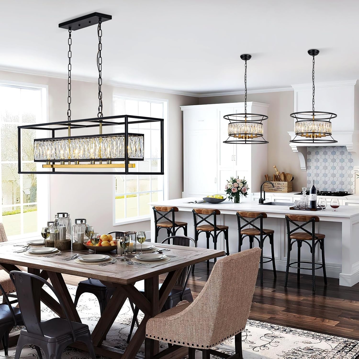 Black Six Light Rectangular Crystal Chandelier Dining Room-1