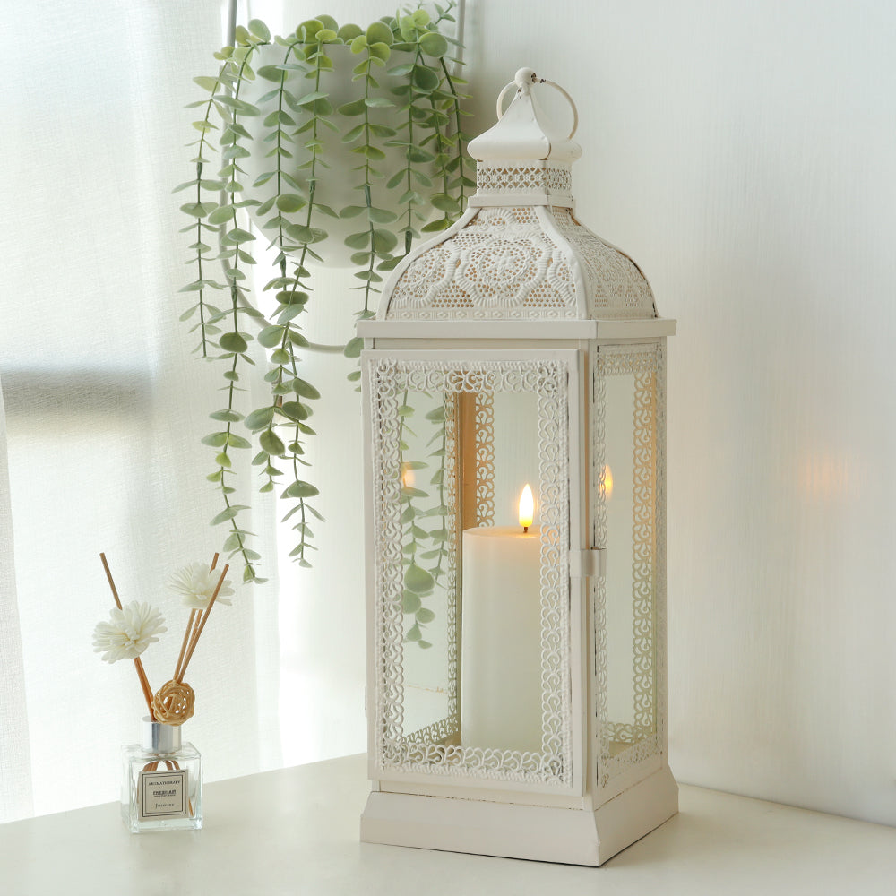Rustic Metal Decorative Candle Lantern Hanging Candle Holder with Tempered Glass(White)-2