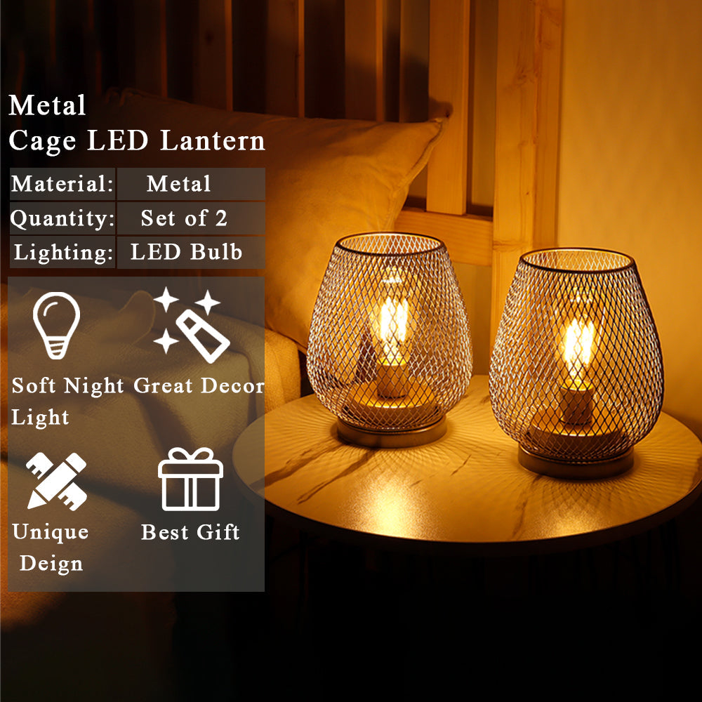 6.7"H Set of 2 Metal Cage LED Lantern (Silver)-1