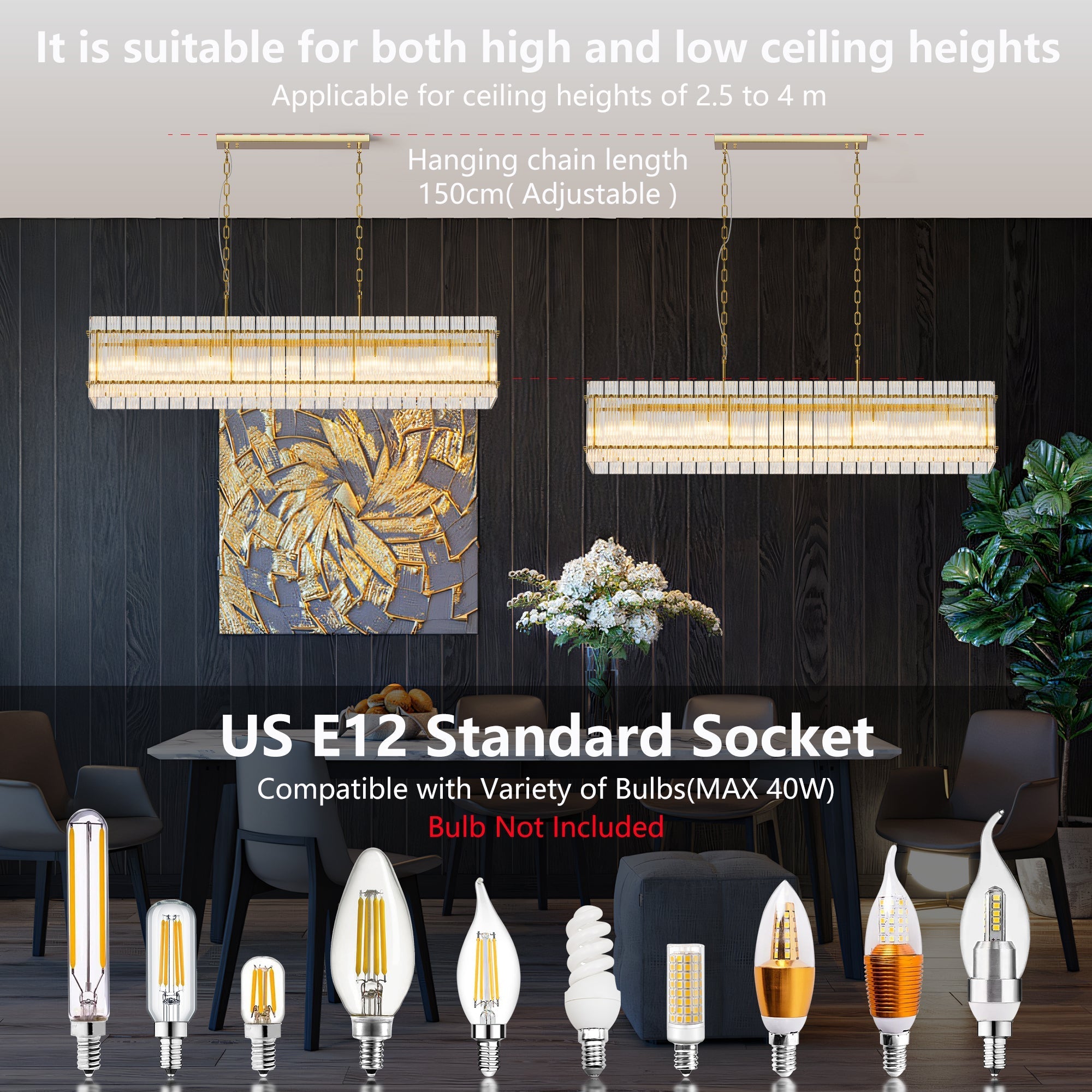 Modern Rectangular Crystal Glass 10-Light Chandelier
