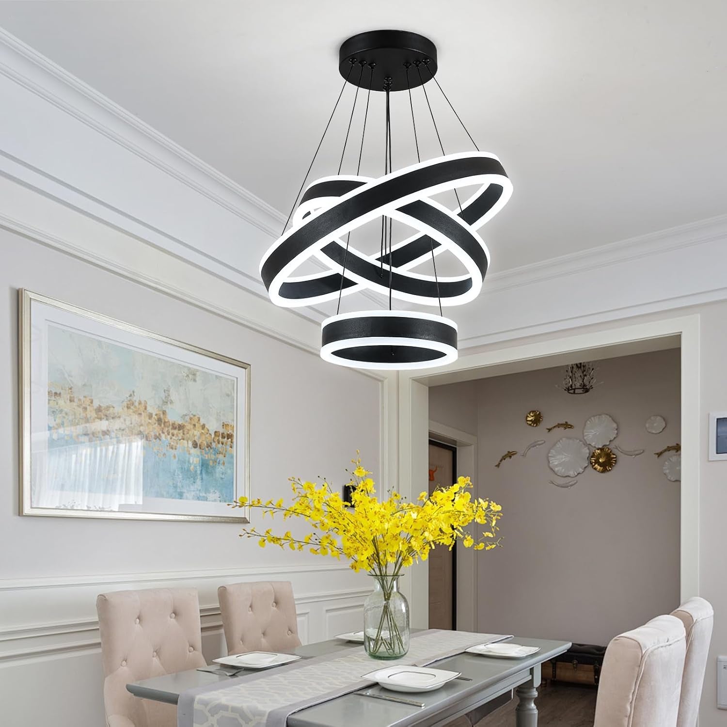 Black Adjustable LED Three Ring Pendant Light Fixture-2