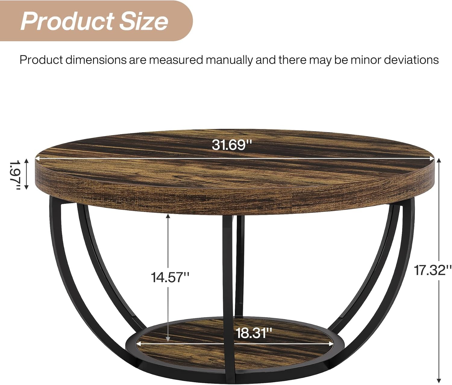 Round Coffee Table 31.7Inches Rustic Brown Storage