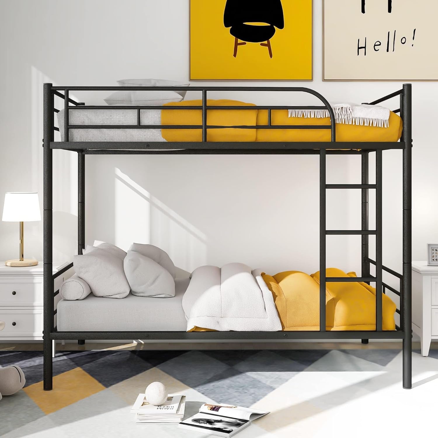 Black Twin Over Twin Metal Bunk Bed With Ladder Guardrail