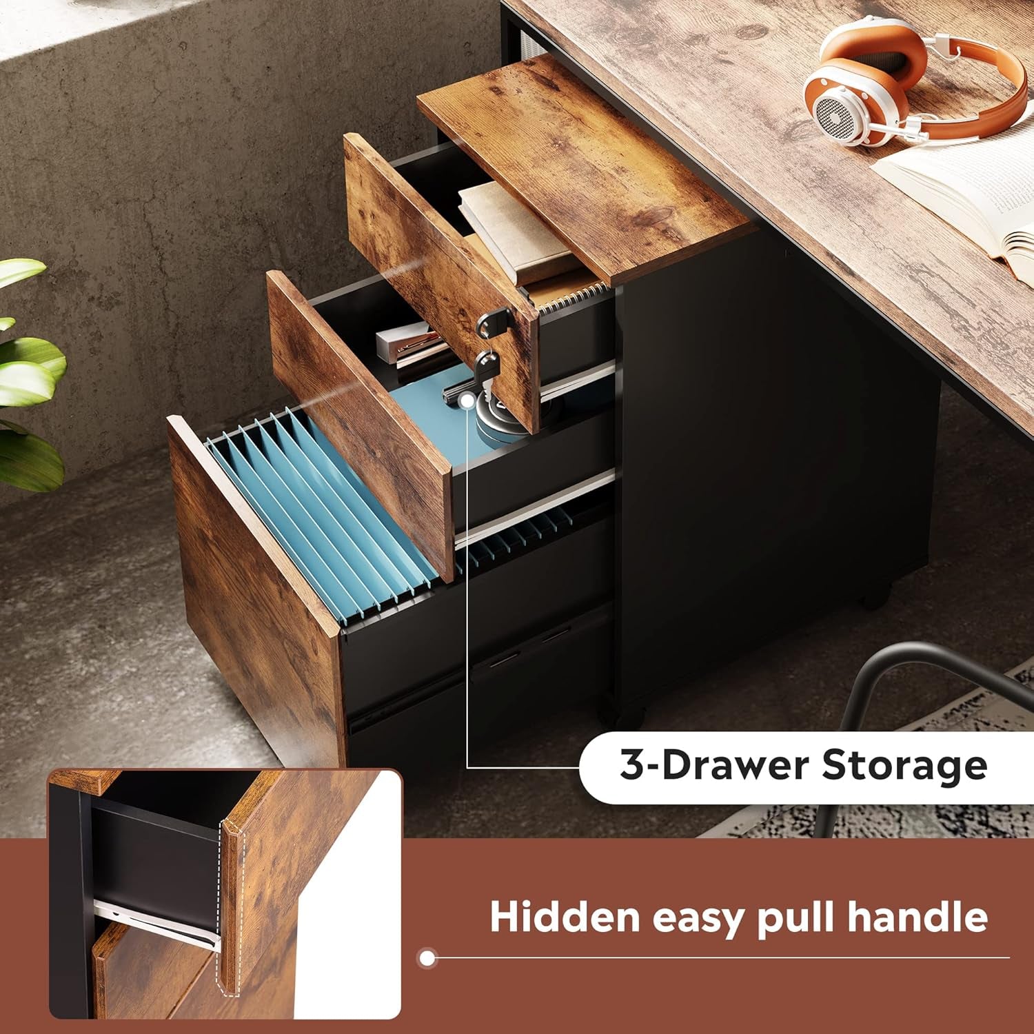 3 Drawer Rolling File Cabinet With Lock For Home Office Organization And Secure Document Storage