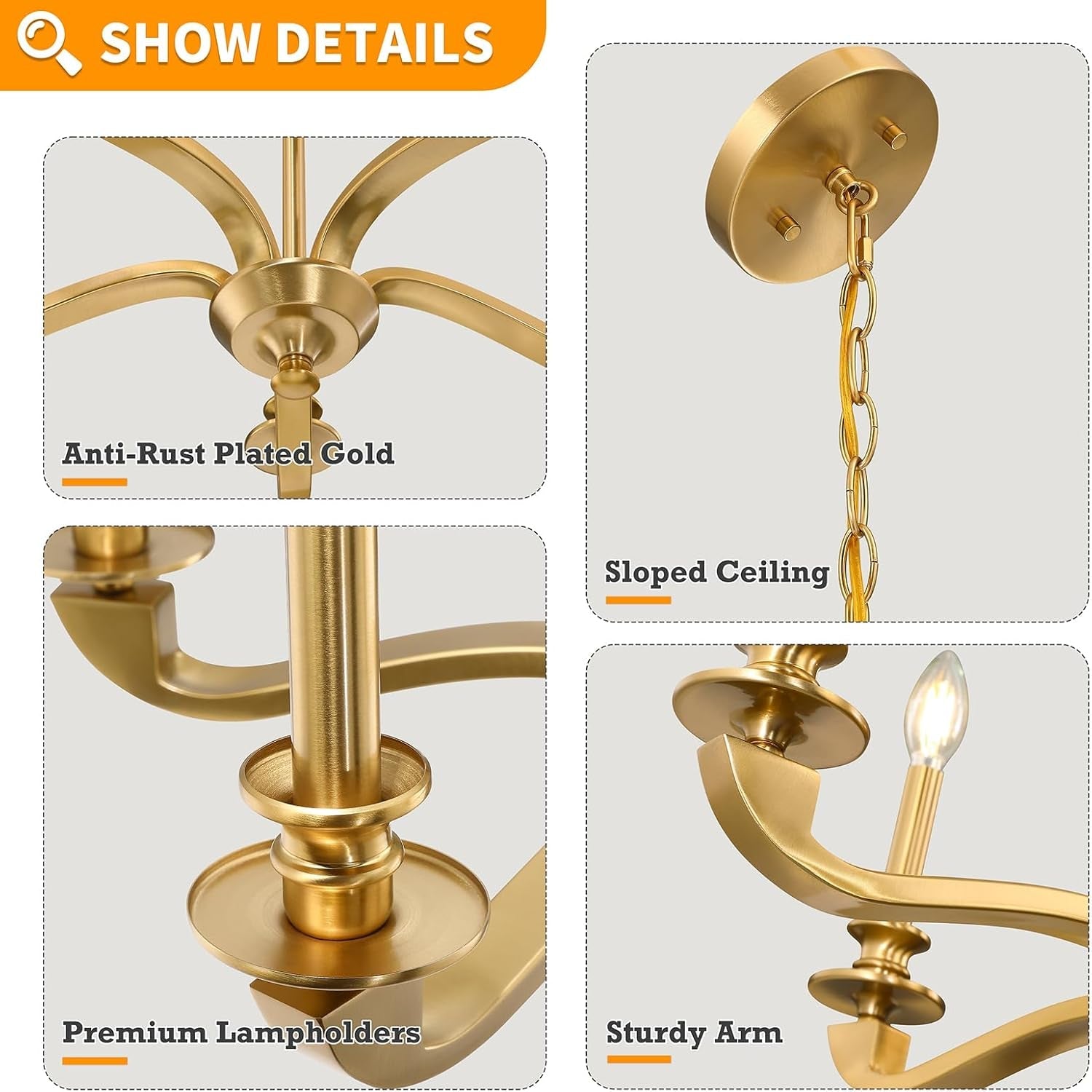 Gold 5 Light Chandelier 25.5 Inch Farmhouse Brass Dining-2