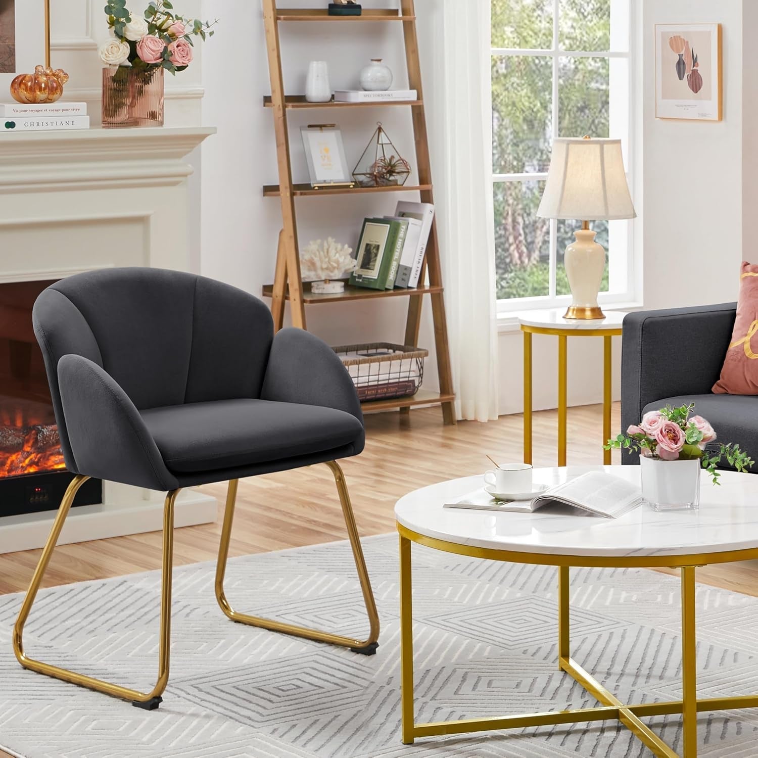 Flower Shape Velvet Armchair With Golden Legs Dark Gray