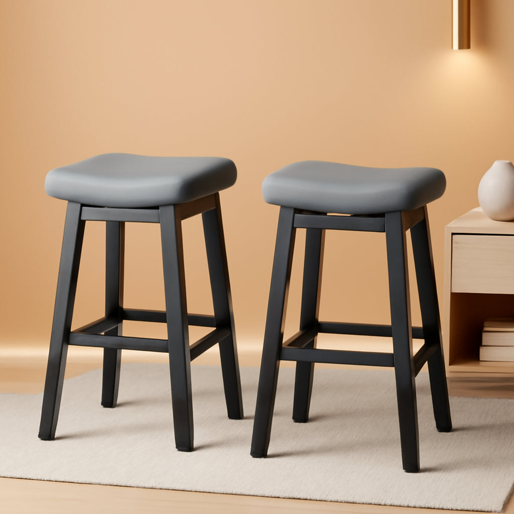29 Inch Bar Stools Set of 2 All Black Bonded Leather Saddle Seats With Heavy Duty Metal Legs